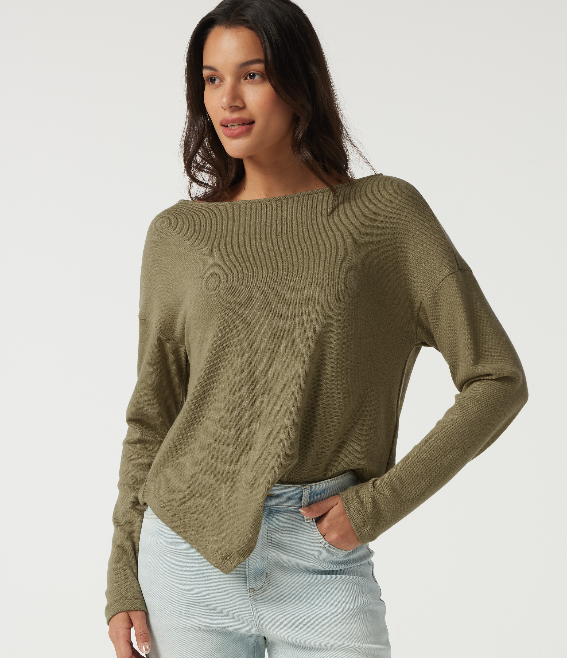 Boat Neck Long Sleeve Asymmetric Hem Casual Top