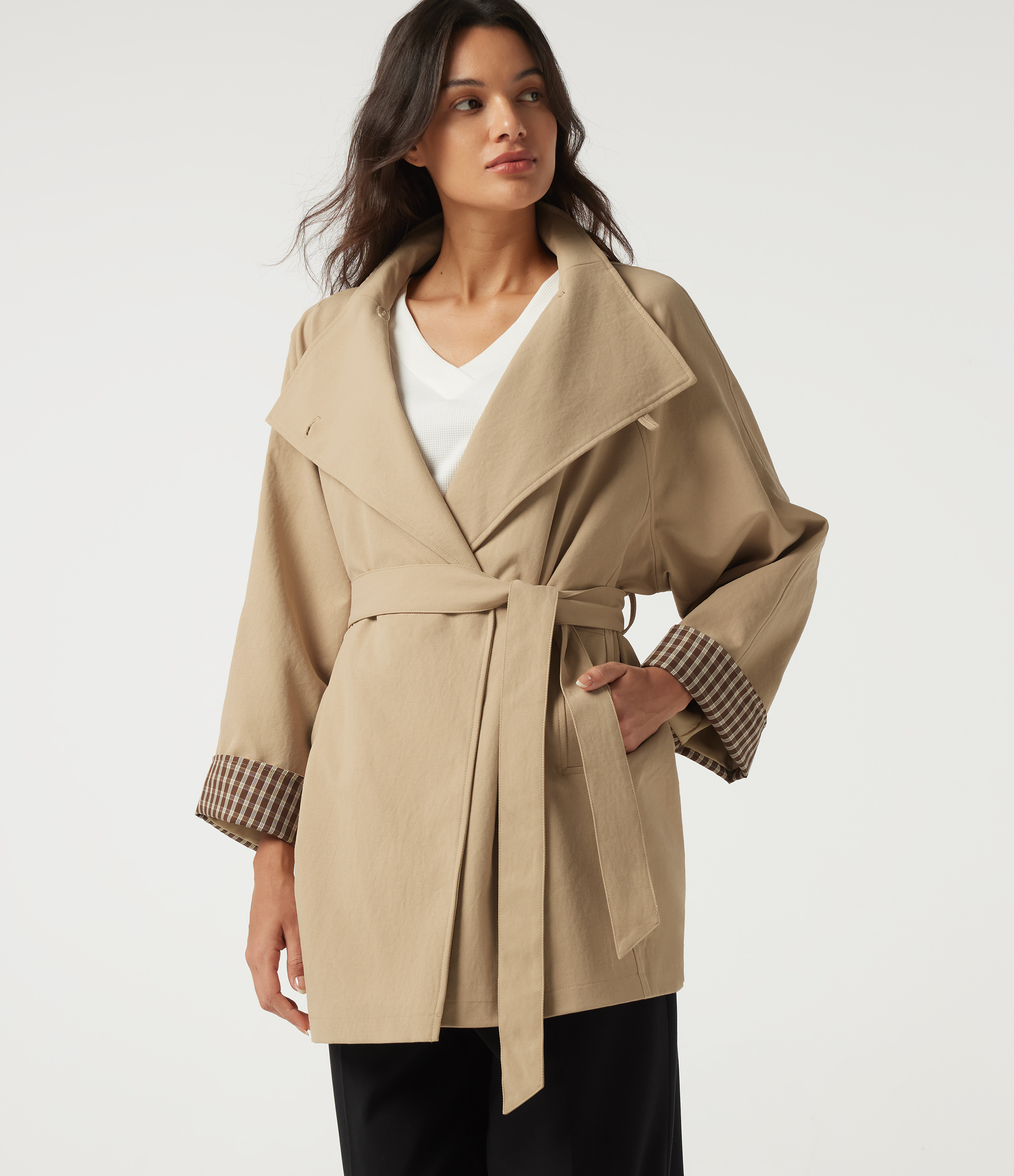 Lapel Raglan Long Sleeve Belted Work Jacket with Pockets