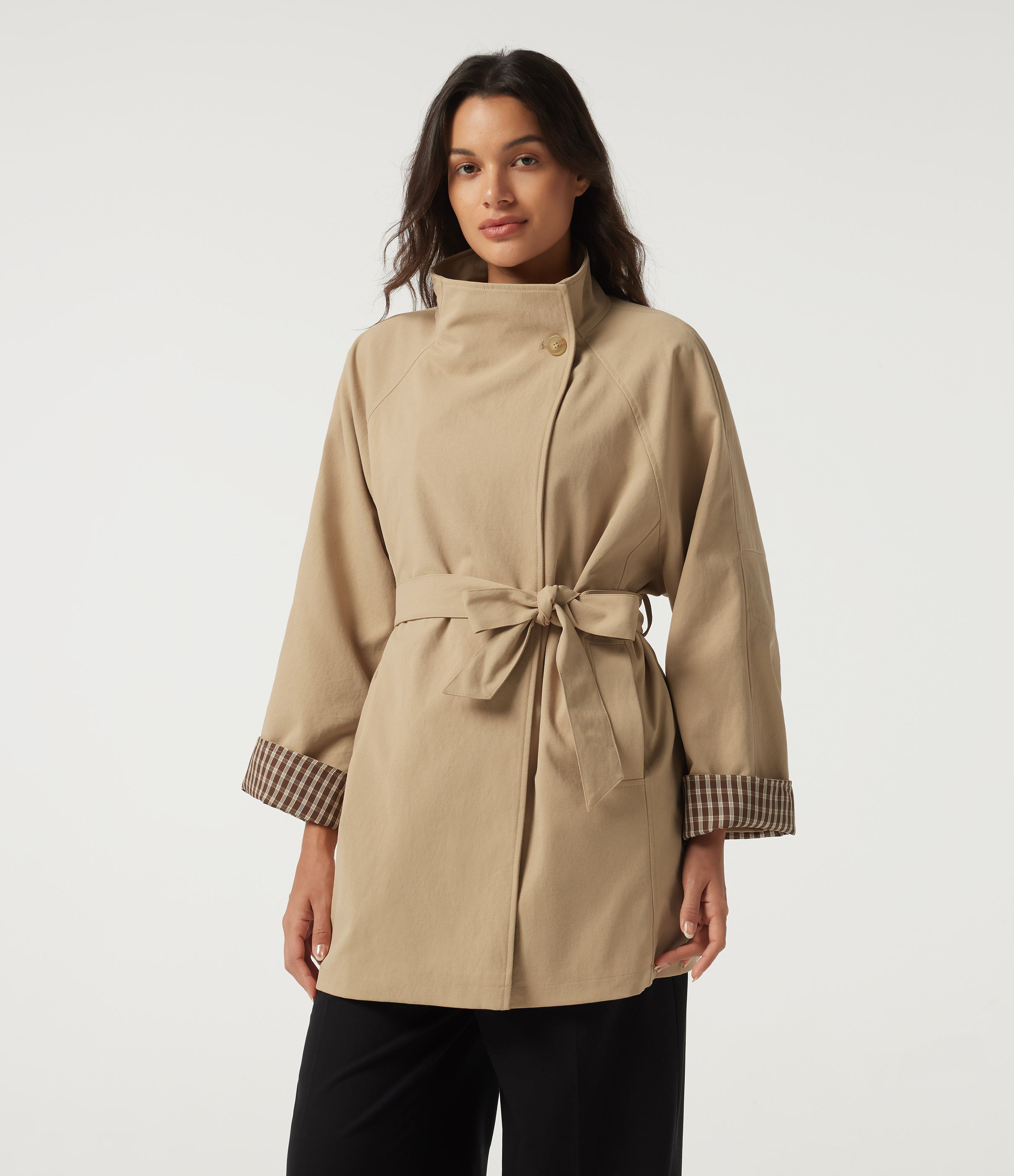 Almond Buff Lapel Raglan Long Sleeve Belted Work Jacket with Pockets / 1
