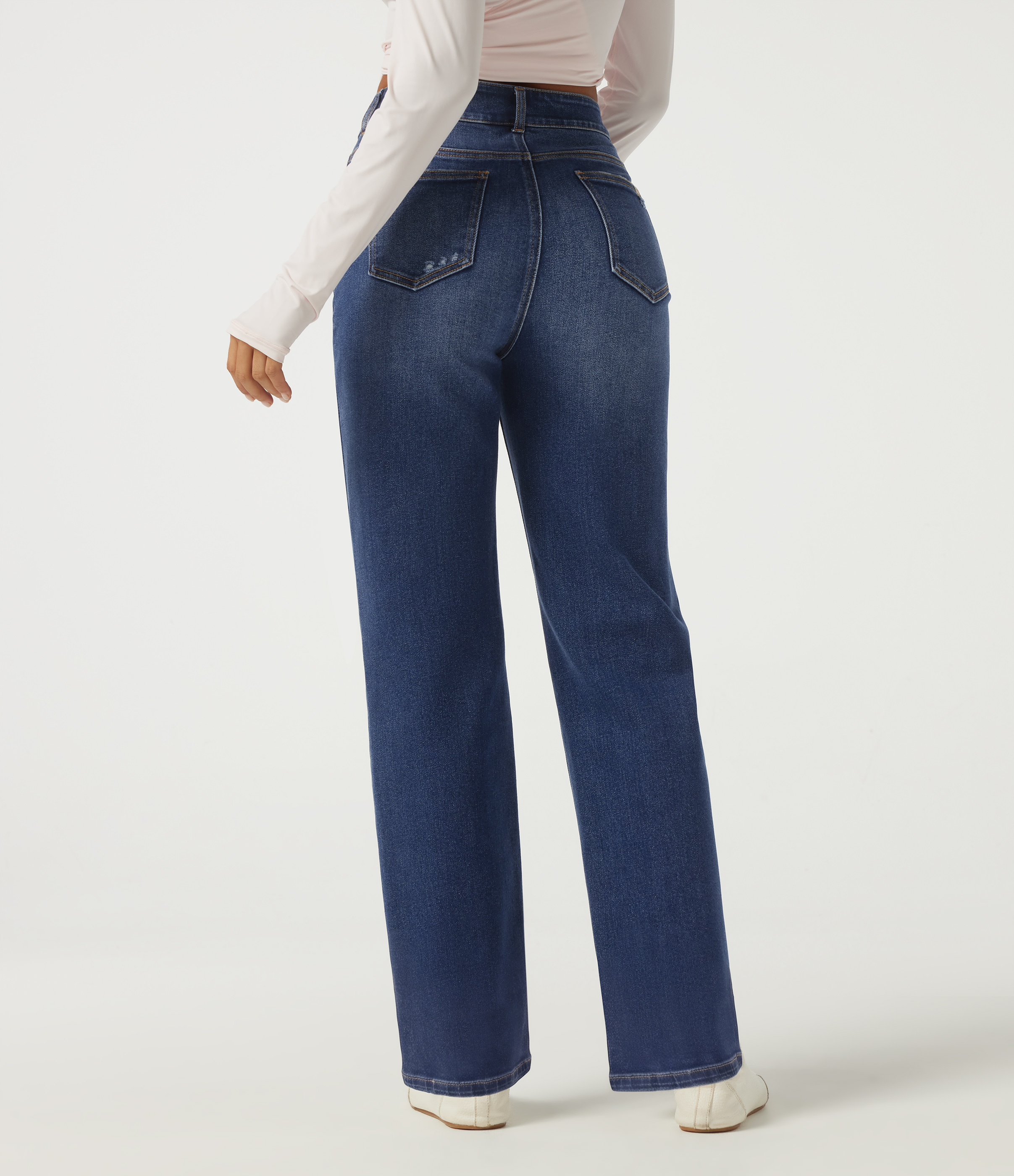 Tide Blue Denim Jean en coton décontracté taille haute, coupe droite et poches / 2