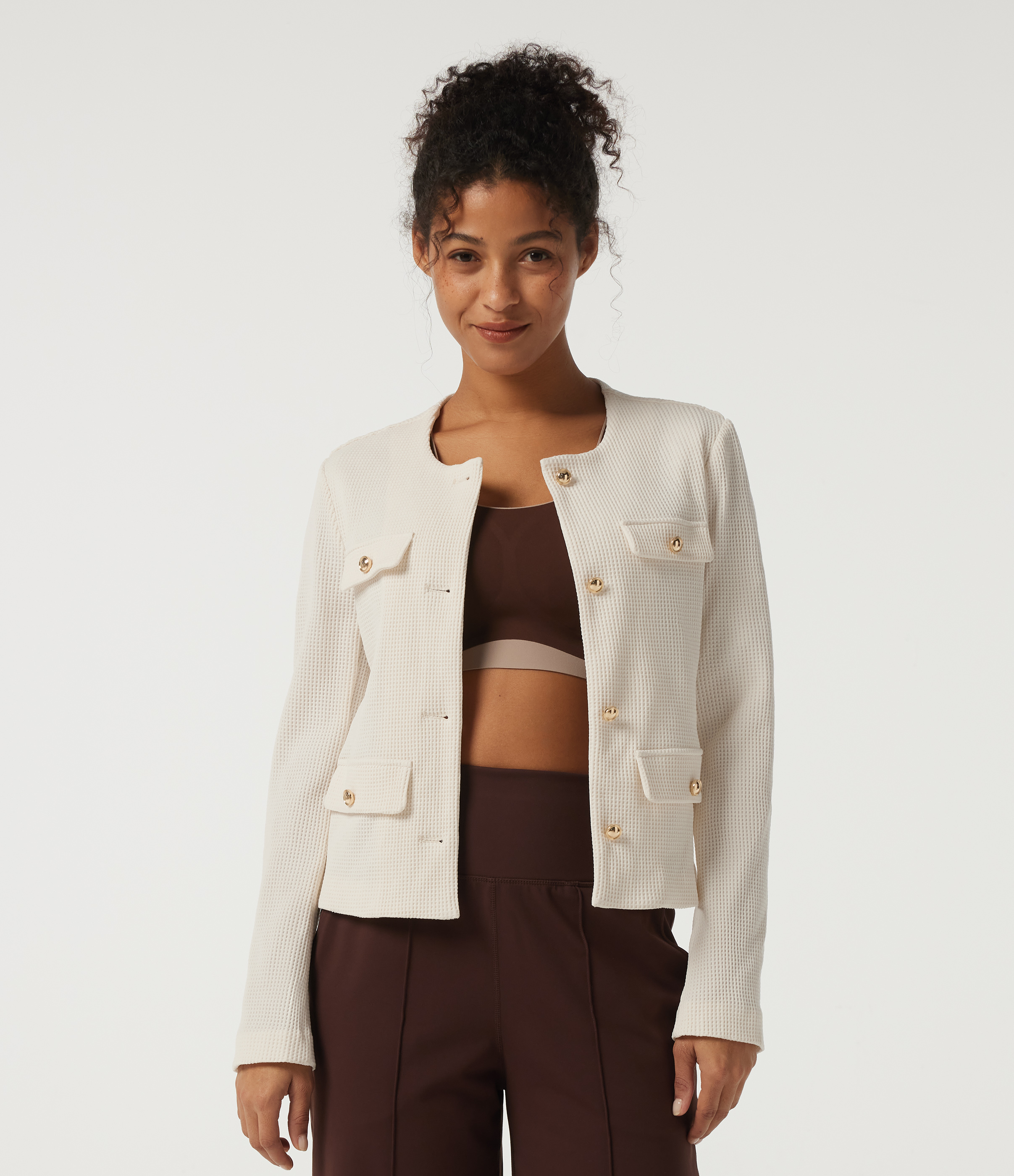 Round Neck Long Sleeve Waffle Casual Jacket