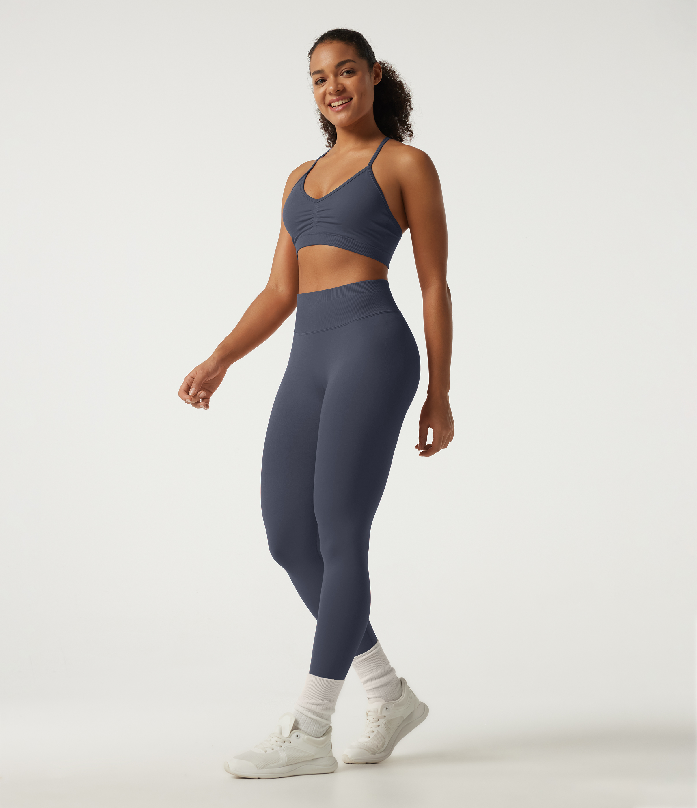 Navy Blazer Mock Neck Long Sleeve High Waisted Skinny Seamless Flow Running Leggings Sets / 2