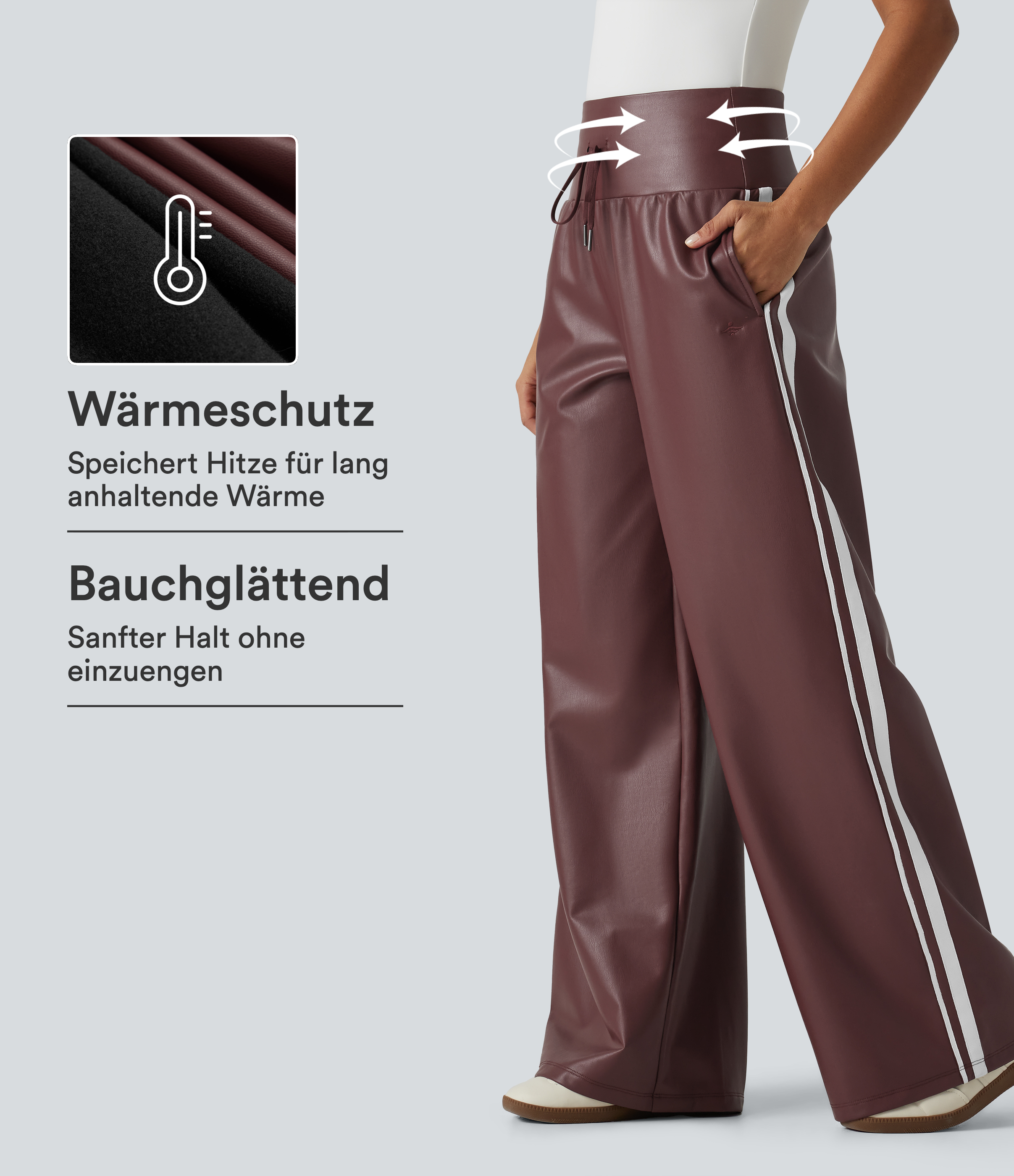 Lässige Fleece-Hose aus elastischem Kunstleder mit hohem Bund, Seitentaschen, Kordelzug, seitlichen Streifen und weitem Bein