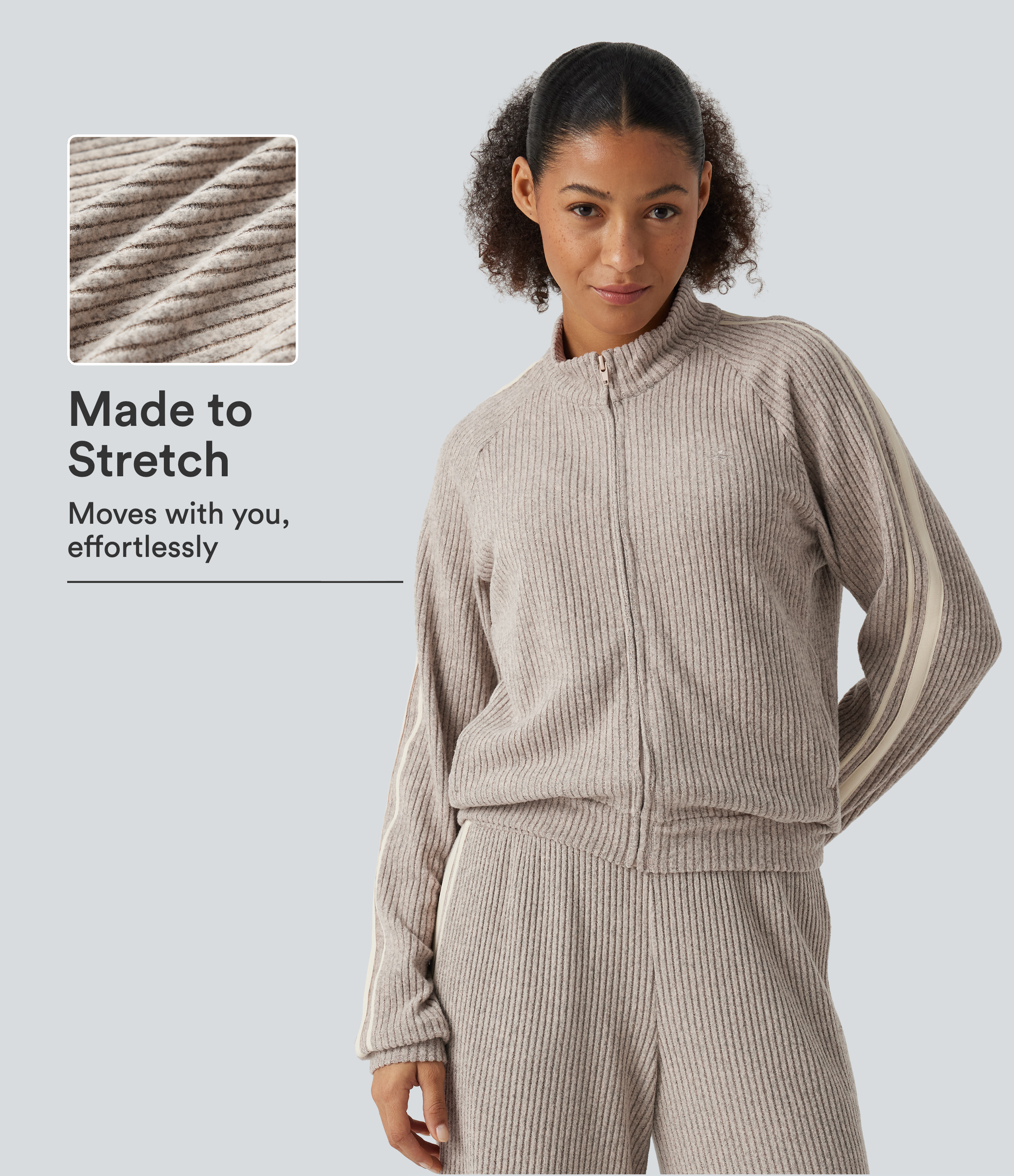 Ribbed Knit Stand Collar Side Stripe Long Sleeve Casual Track Jacket with Pockets
