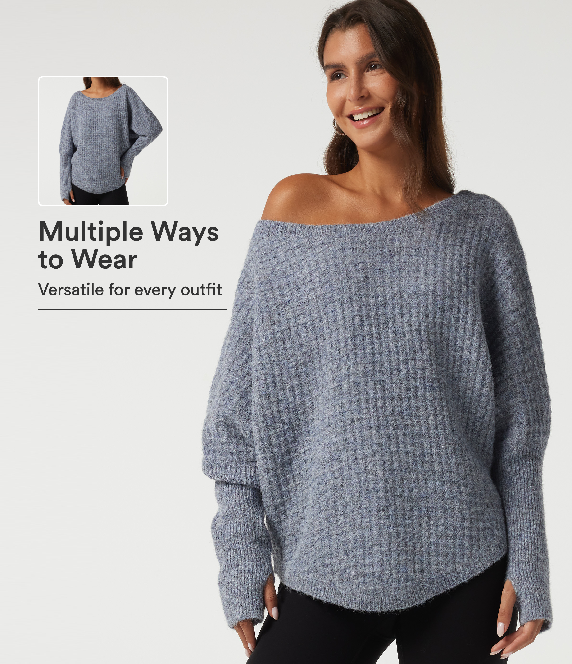 Long Sleeve Curved Hem Casual Sweater with Thumbholes