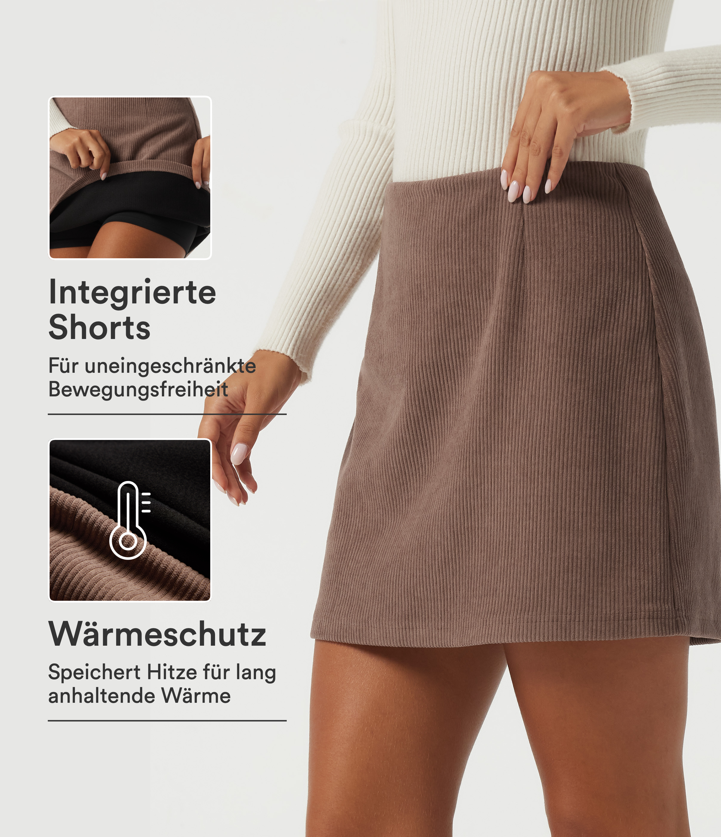 Lässiger 2-in-1 Minirock in A-Linie aus Cord mit hohem Bund und integrierten Shorts
