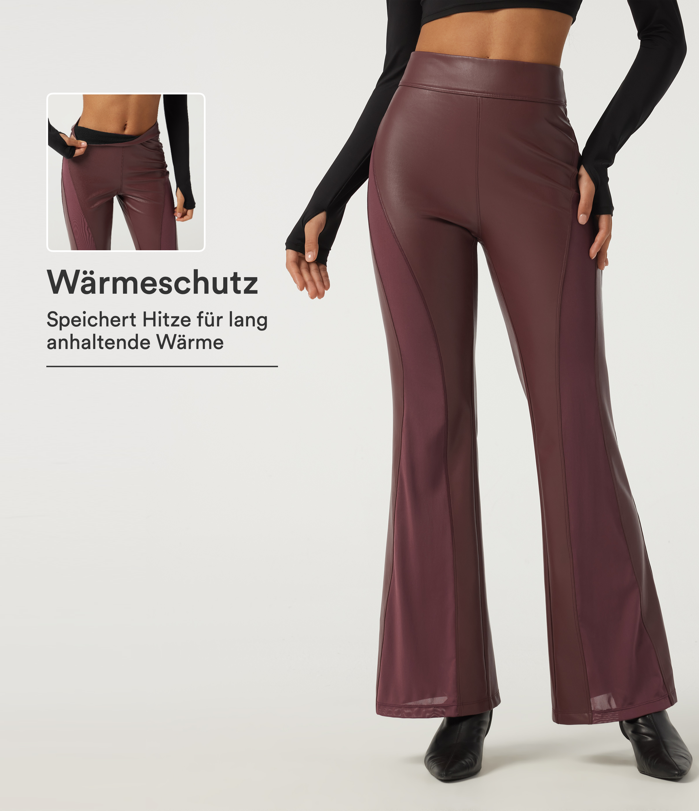 Andorra Lässige, ausgestellte Fleece-Hose aus elastischem Kunstleder mit hohem Bund, Gesäßtaschen und Kontrast-Mesh / 1