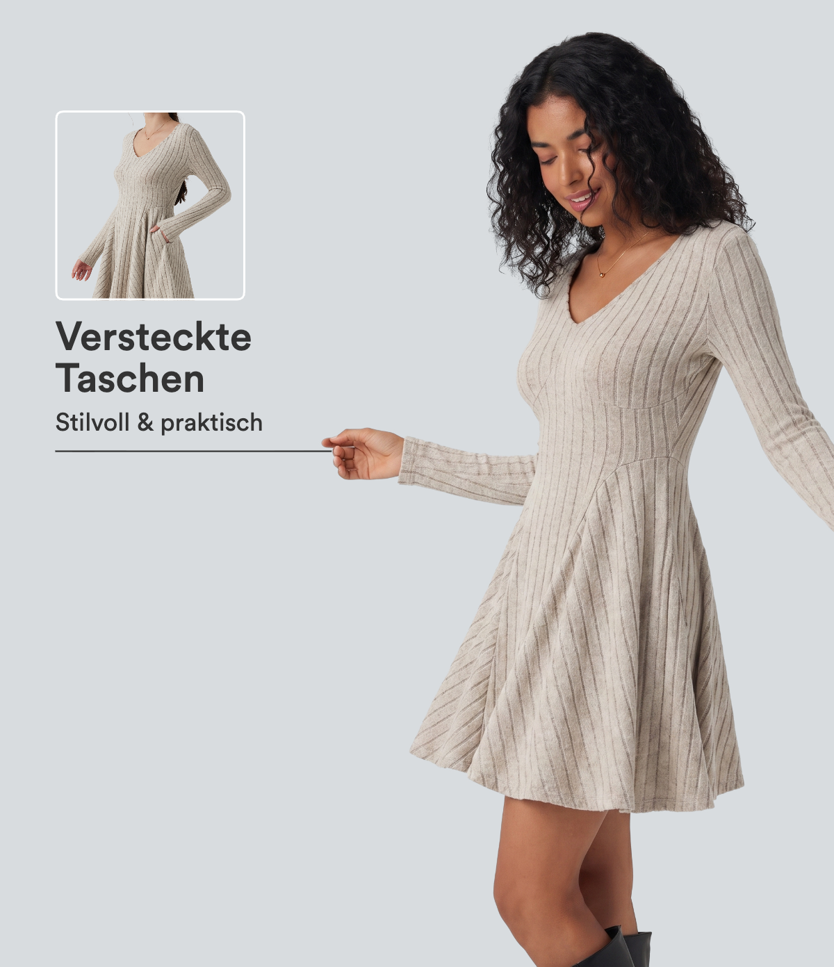 Lässiges, ausgestelltes Minikleid aus geripptem Strick mit V-Ausschnitt, Seitentaschen und langen Ärmeln