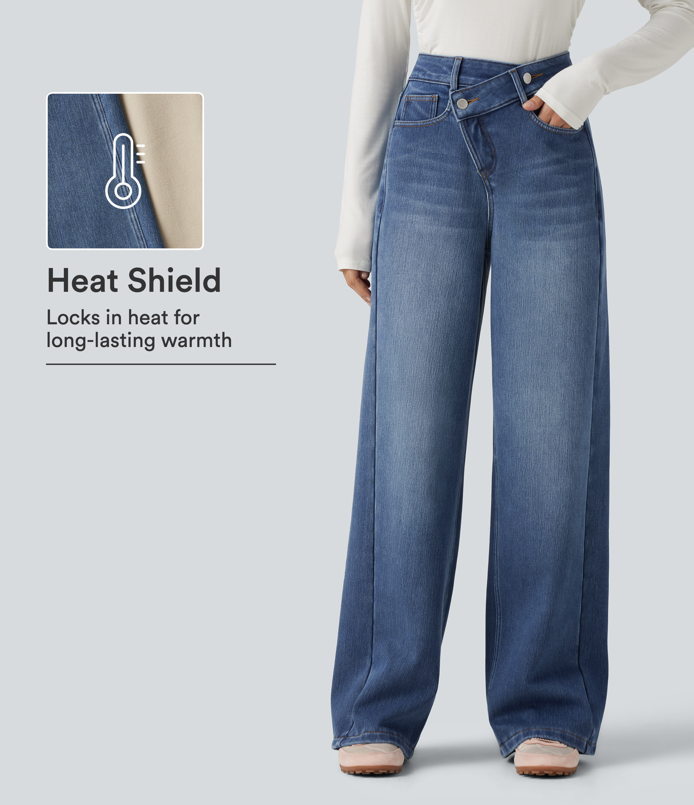High Waisted Asymmetric Baggy Fleece Casual Cotton Jeans with Pockets