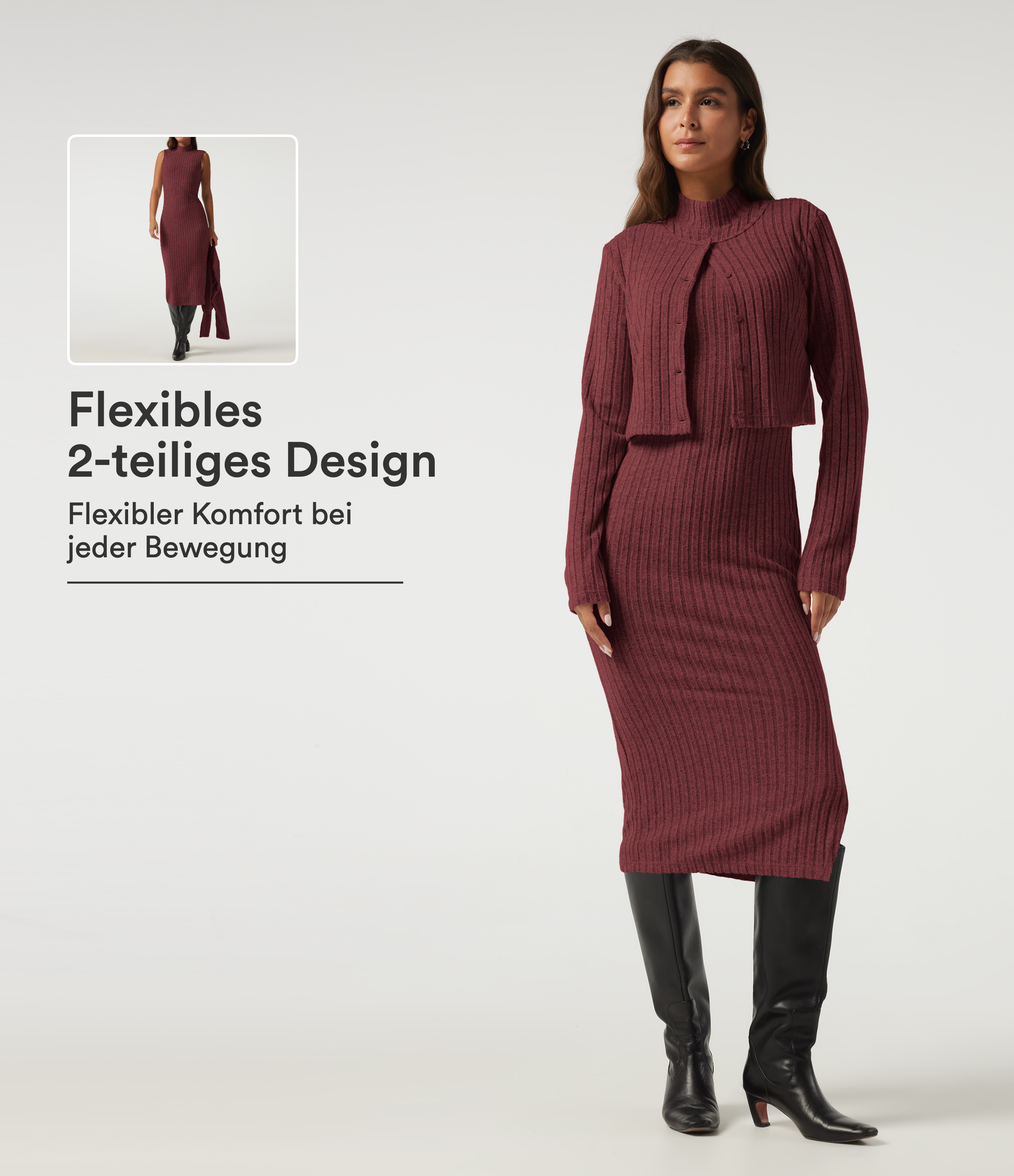 Pomegranate Figurbetontes 2-teiliges Büro-Midikleid mit Stehkragen und langen Ärmeln / 1