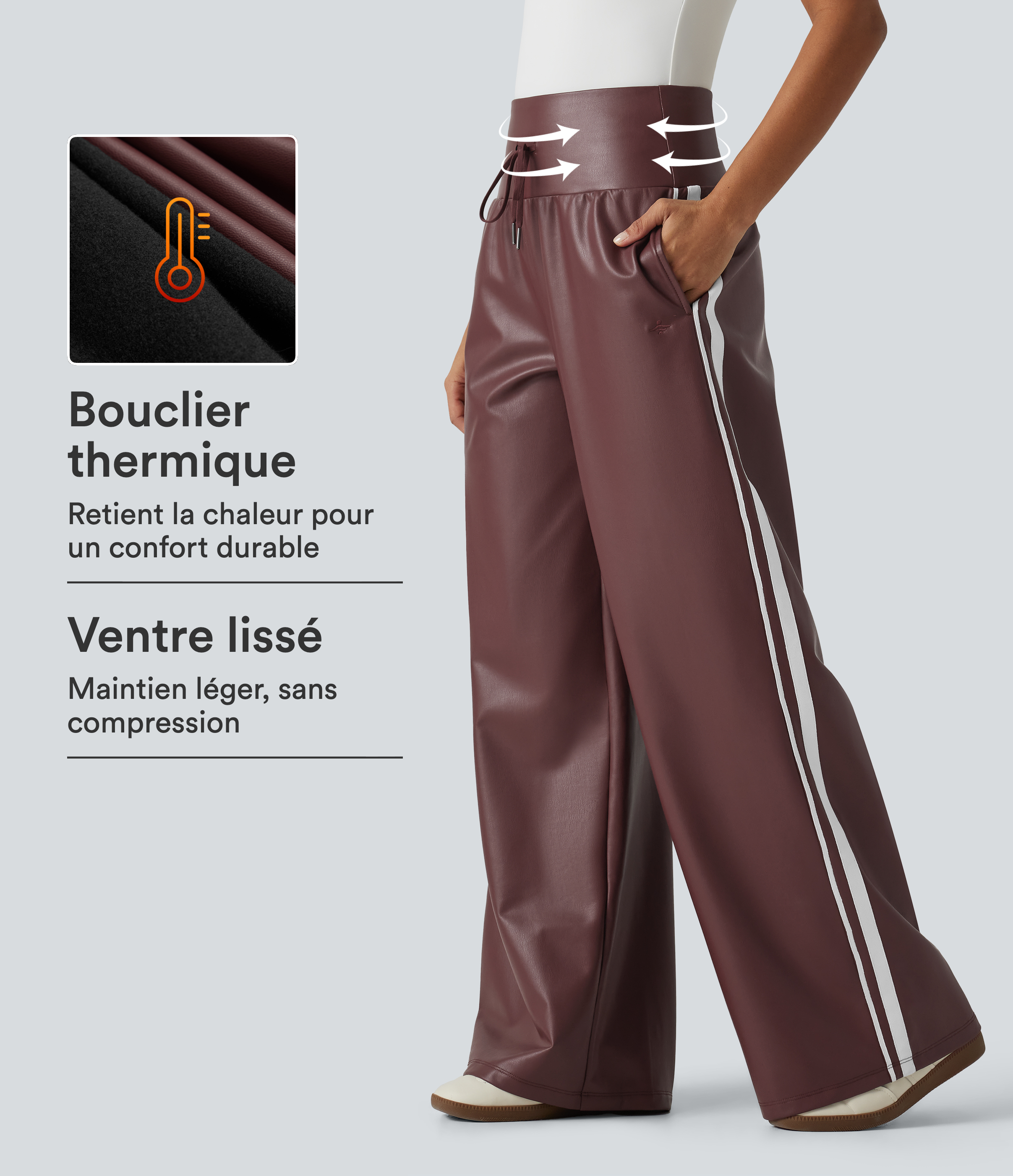 Pantalon taille haute effet polaire en simili coupe large avec bandes latérales et poches