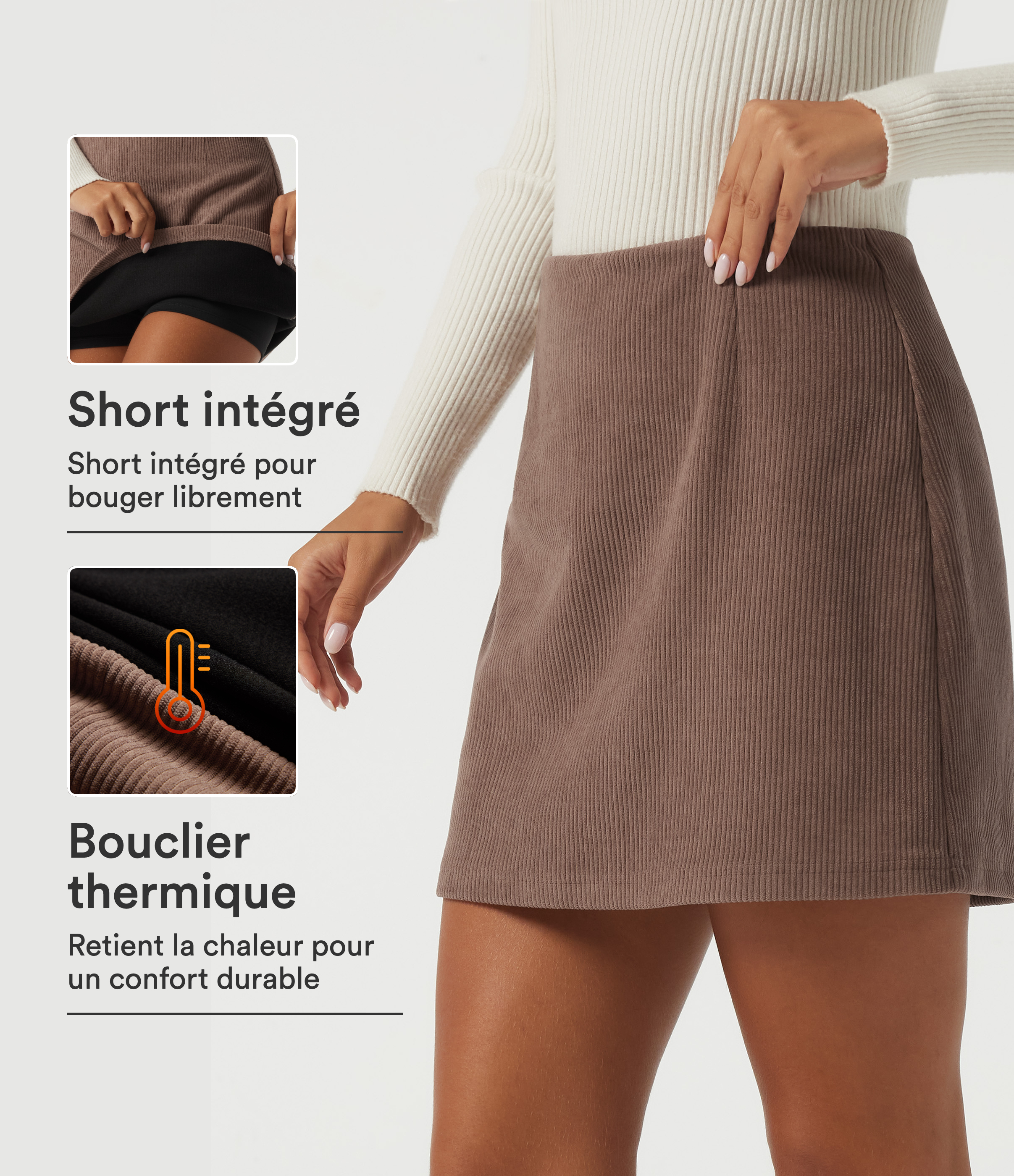 Jupe-short 2-en-1 en velours côtelé taille haute coupe trapèze