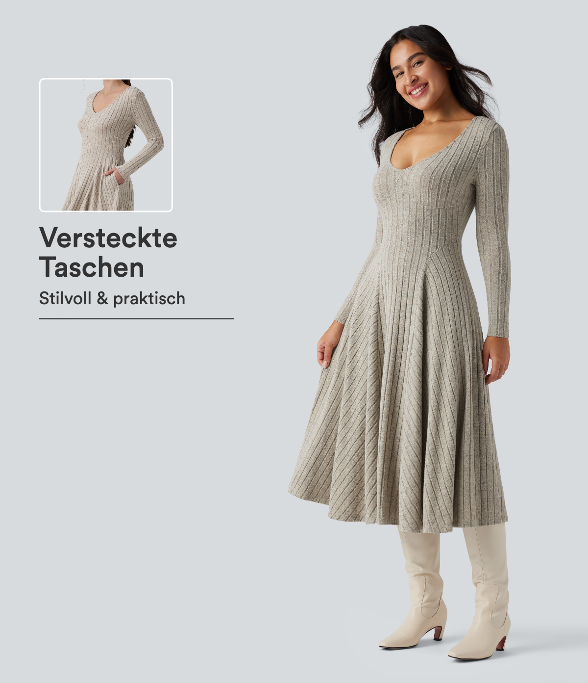 Lässiges, ausgestelltes Midikleid aus geripptem Strick mit V-Ausschnitt, Seitentaschen und langen Ärmeln