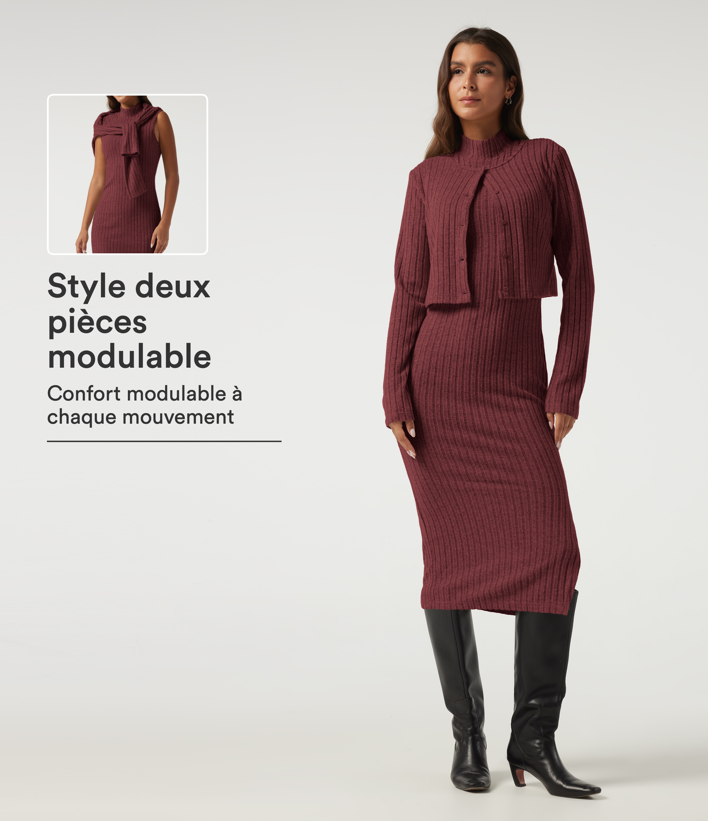 Robe midi de bureau 2-en-1 à col montant et coupe ajustée