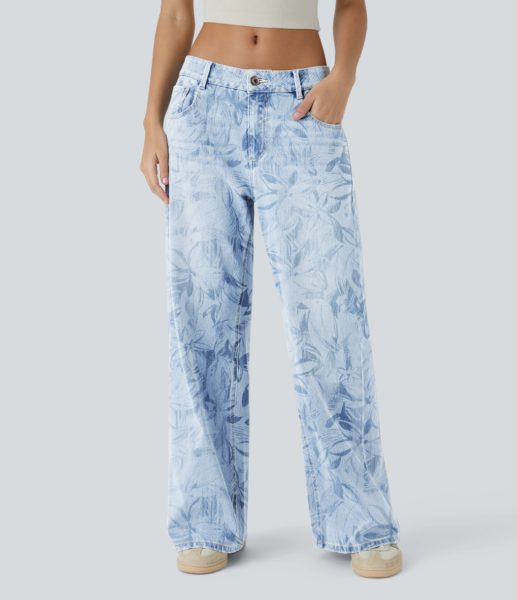 Mid Rise Wide Leg Casual Jeans with Pockets