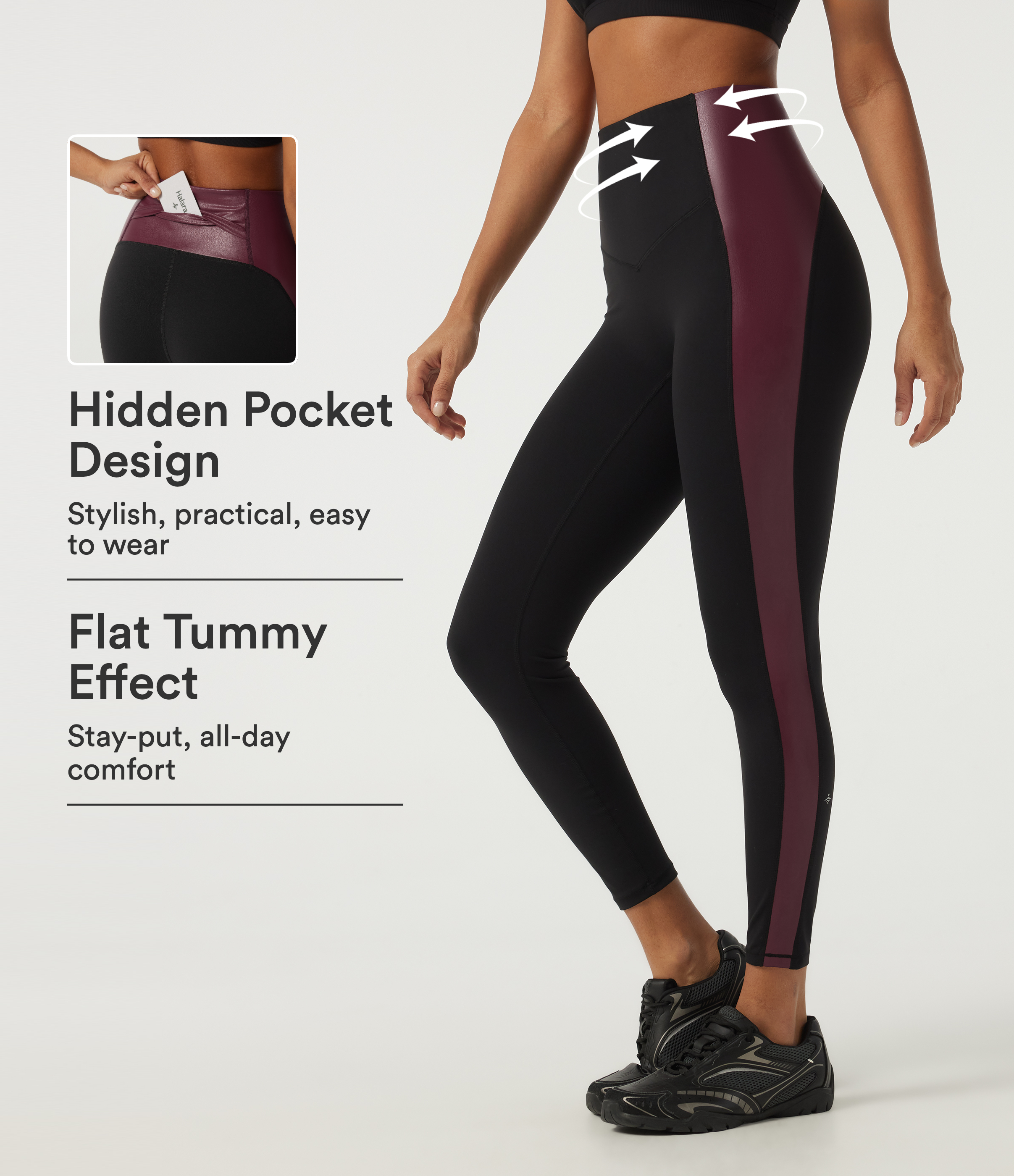High Waisted Tummy Control Color Block Stretchy PU Yoga Leggings with Pocket