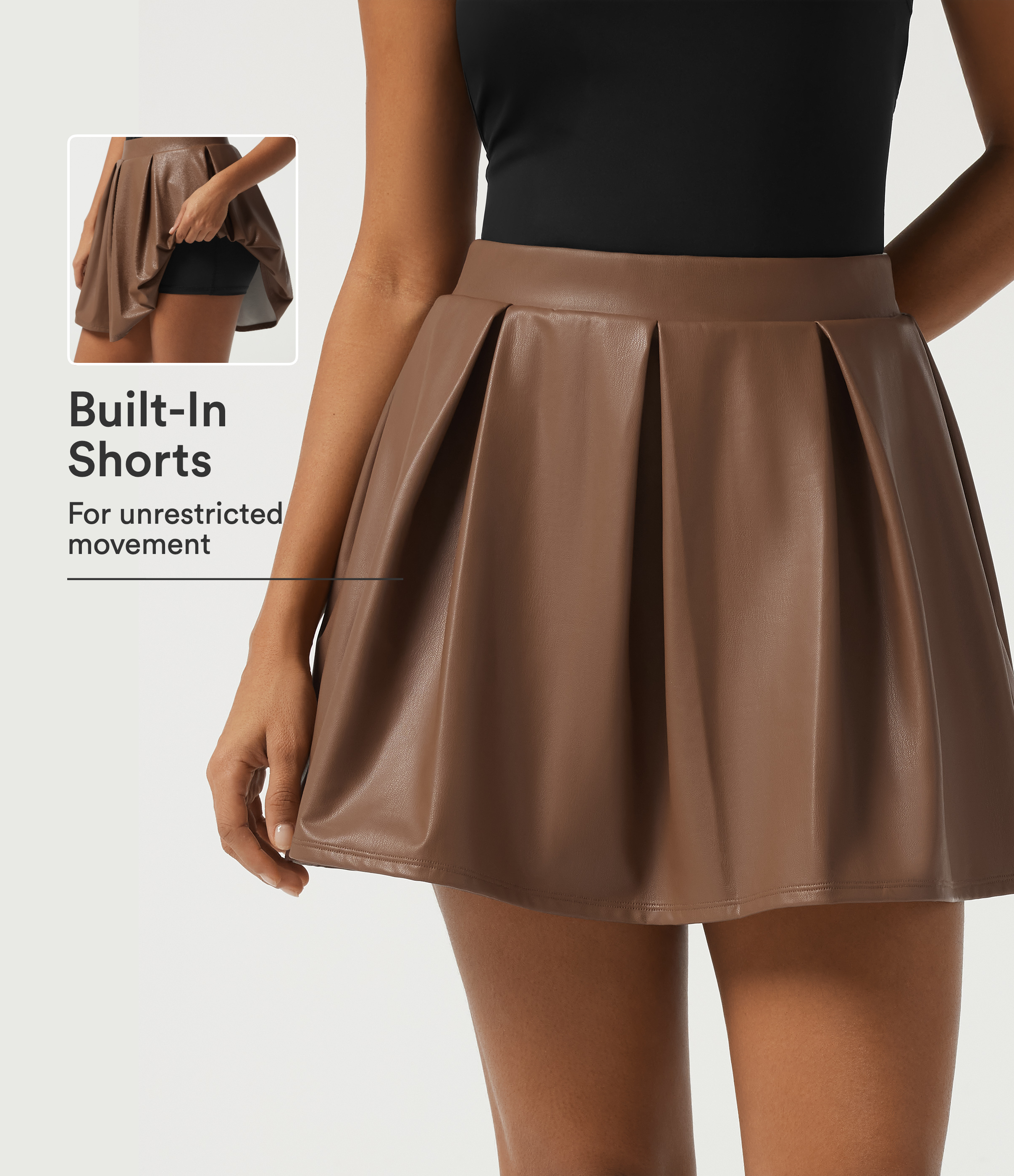High Waisted 2-in-1 A-Line Fleece PU Casual Mini Skirt with Pockets
