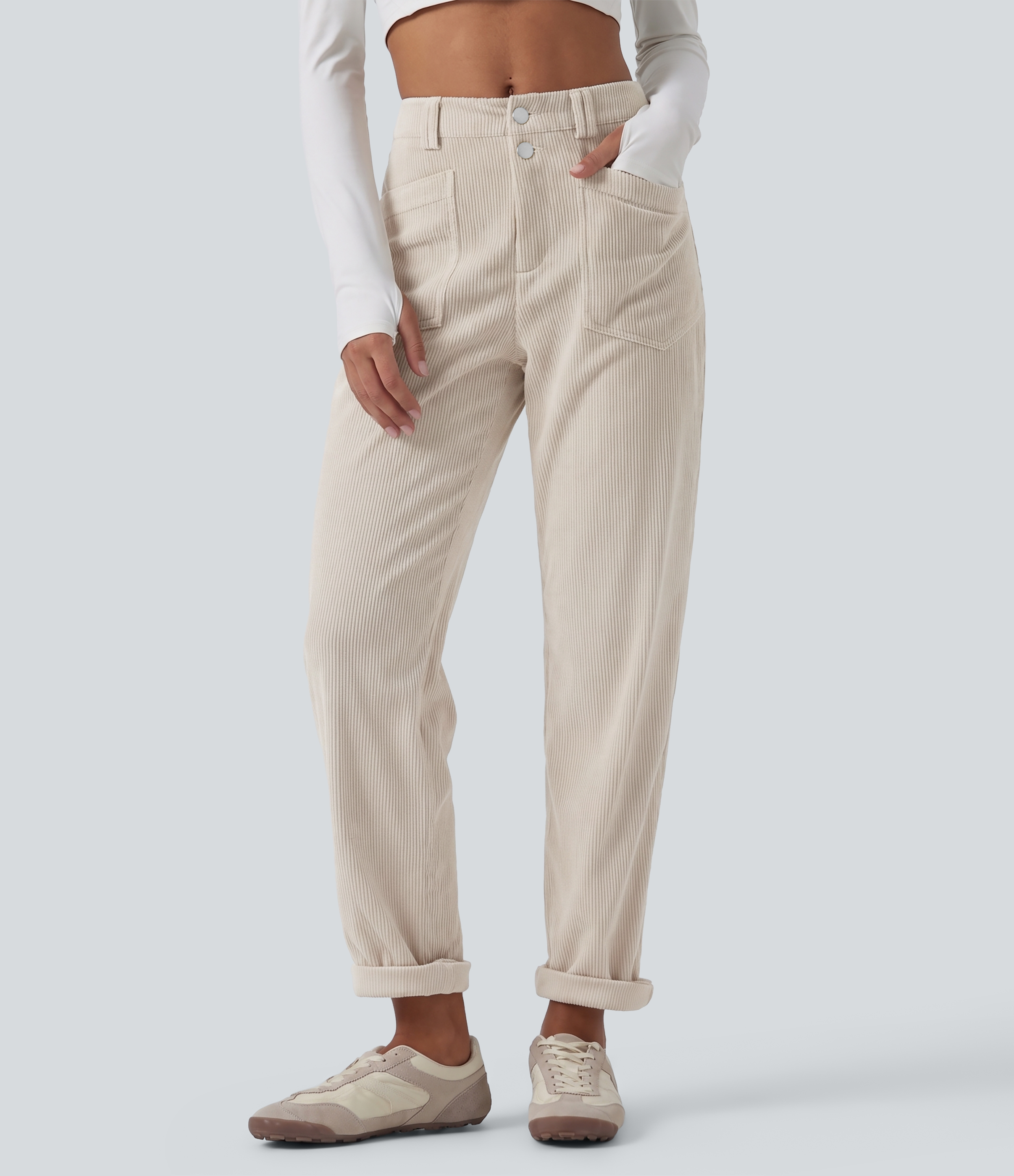 Mid Rise Tapered Corduroy Casual Pants with Pockets
