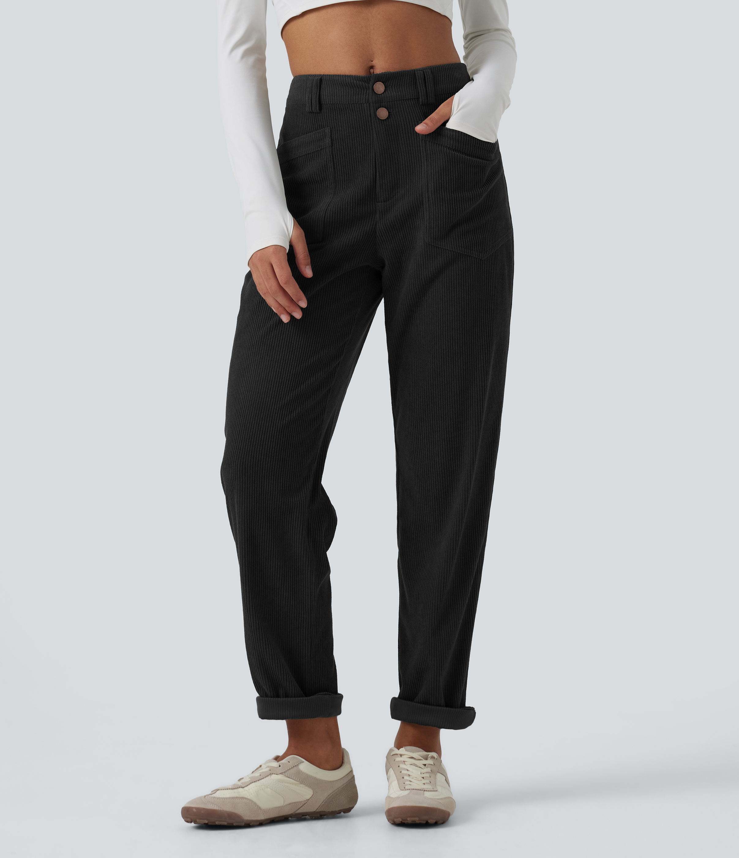 Halara Mid Rise Tapered Corduroy Casual Trousers with Pockets - Black - XL(regular)
