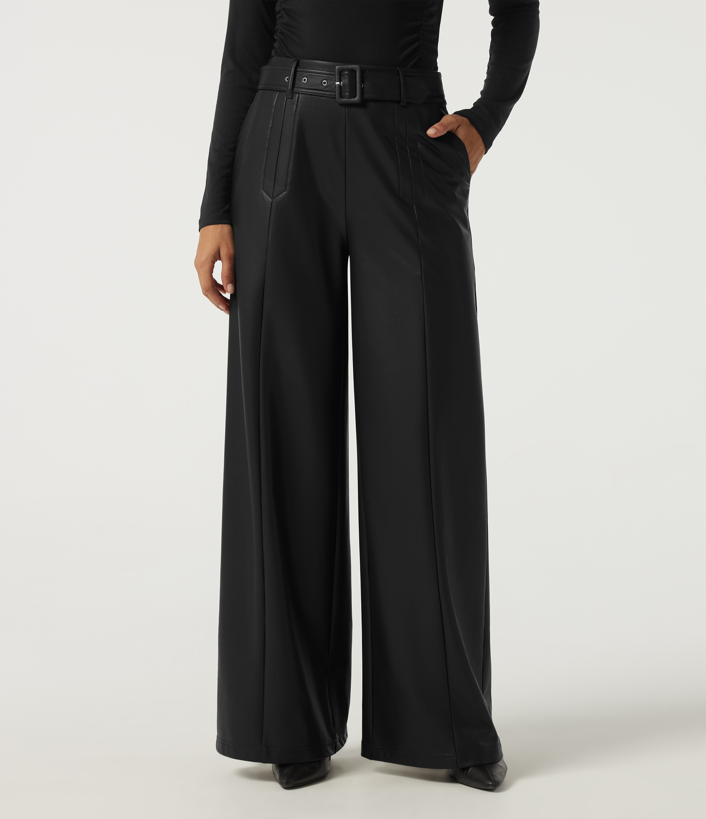 High Waisted Wide Leg Stretchy PU Fleece Belted Casual Pants with Pockets