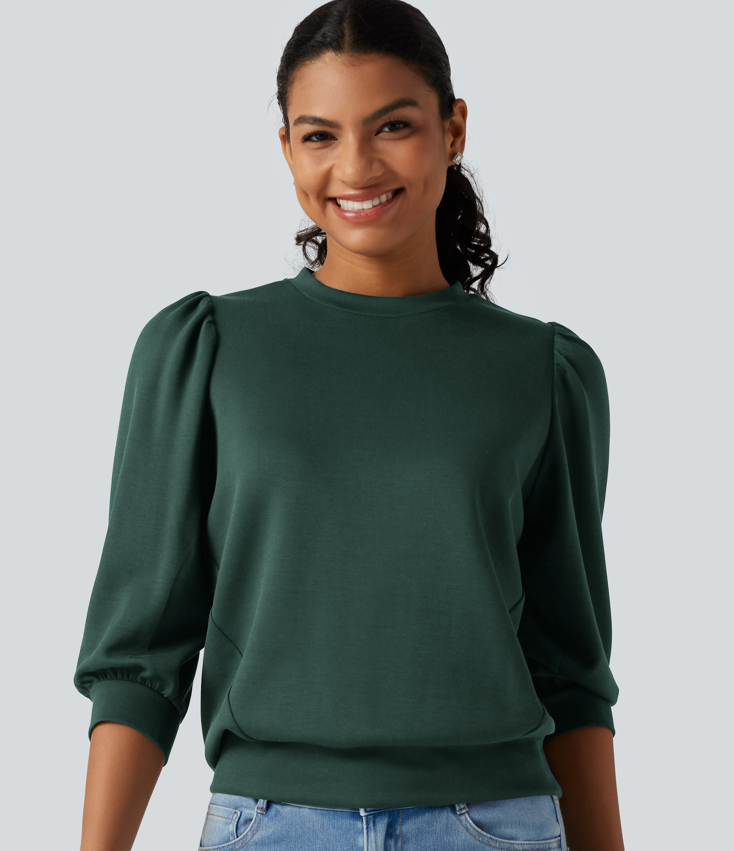 Round Neck Puff 3/4 Sleeve Casual Sweatshirt