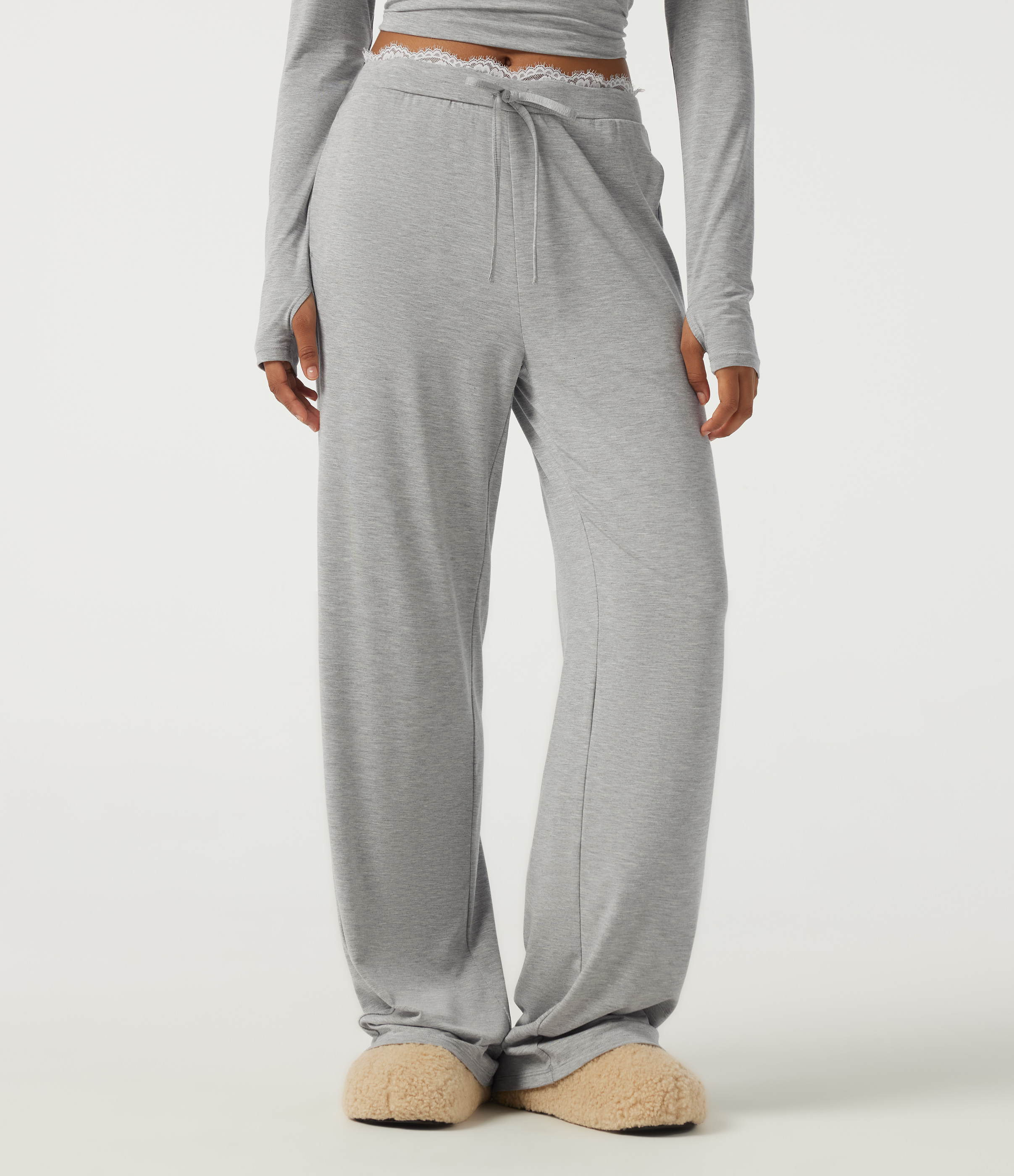 Mid Rise Wide Leg Drawstring Contrast Lace Lounge Pants with Pockets