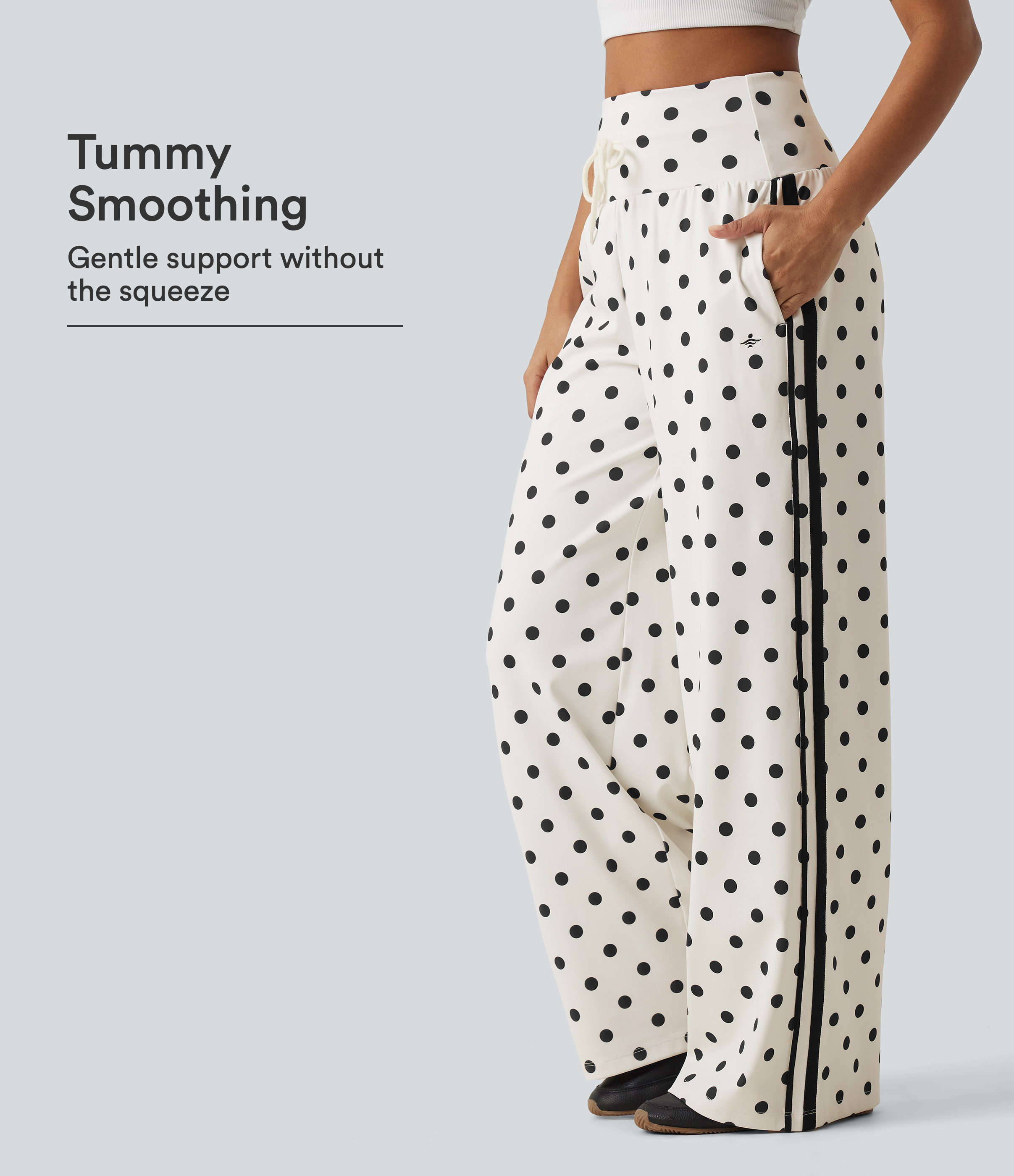 High Waisted Drawstring Tummy Control Polka Dot Side Stripe Wide Leg Casual Pants with Pockets