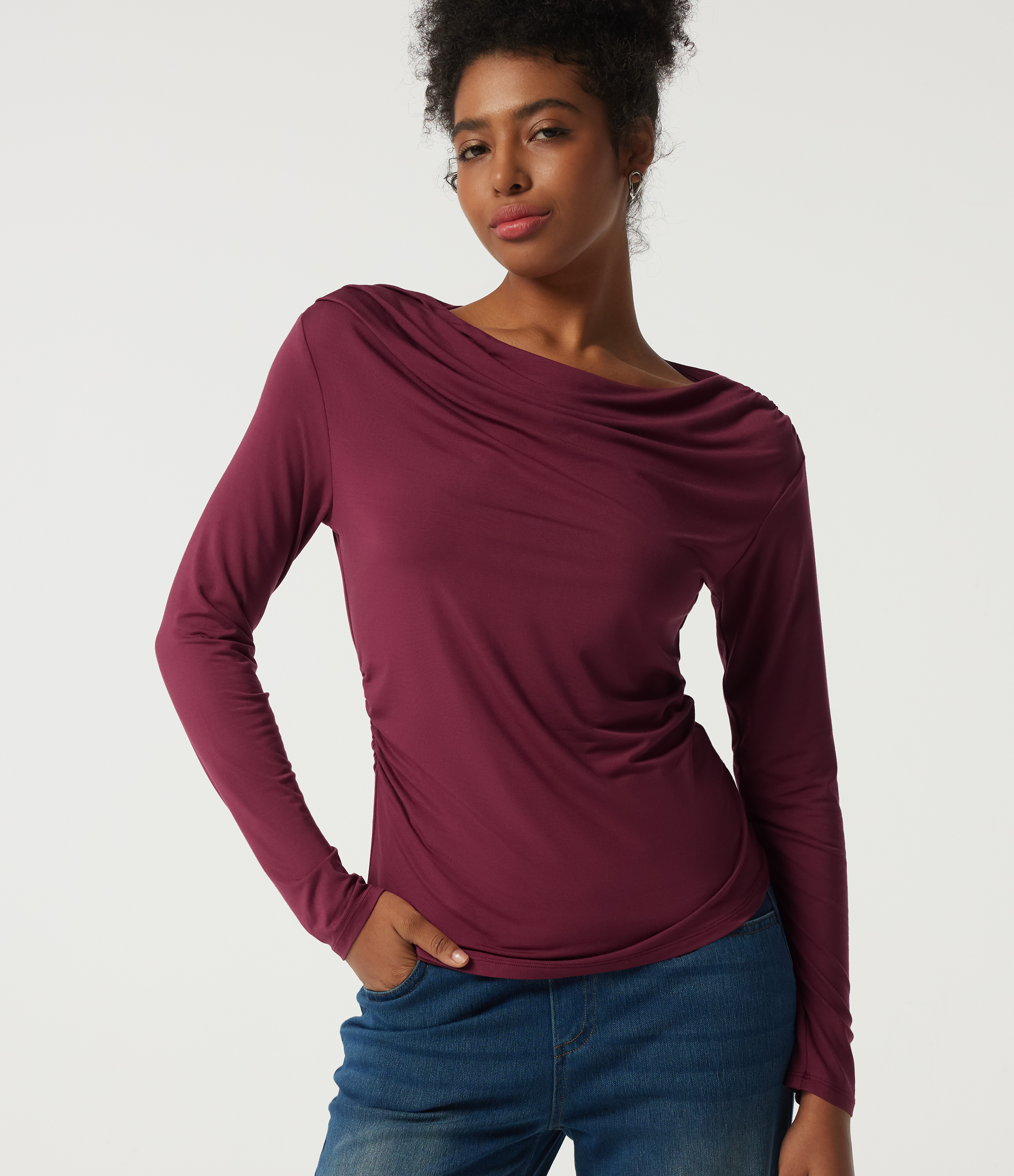 Boat Neck Long Sleeve Ruched Work Top