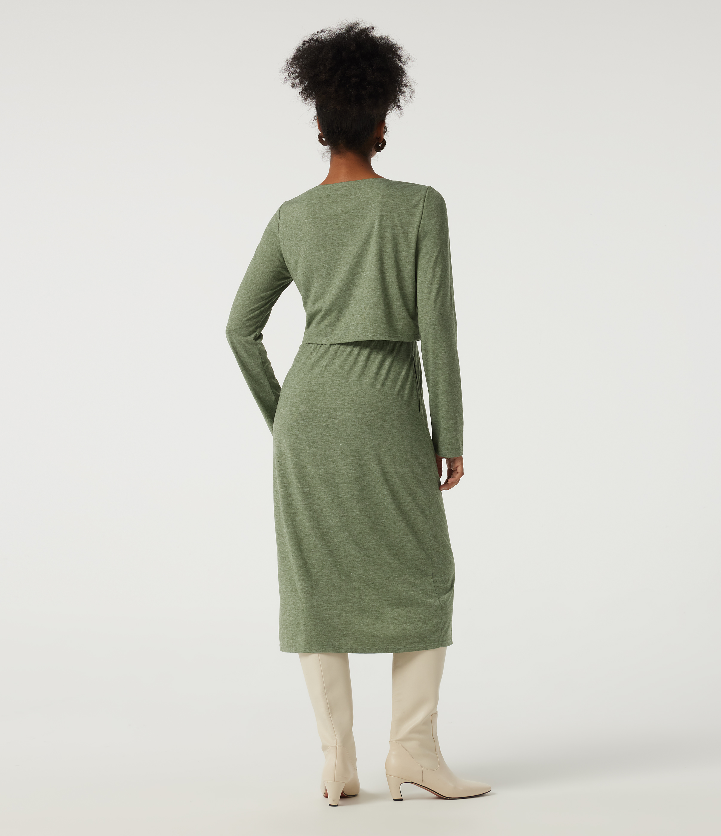 Light Green Floral Yarn Lässiges 2-in-1 Midikleid mit U-Boot-Ausschnitt, langen Ärmeln und Kordelzug / 2