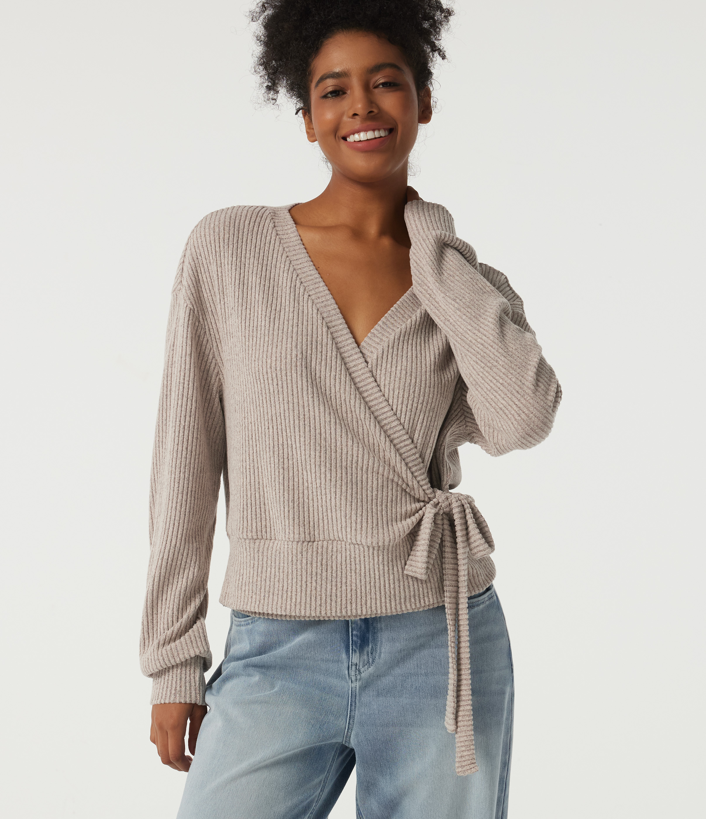 Ribbed Knit V Neck Long Sleeve Tie Side Wrapped Casual Top