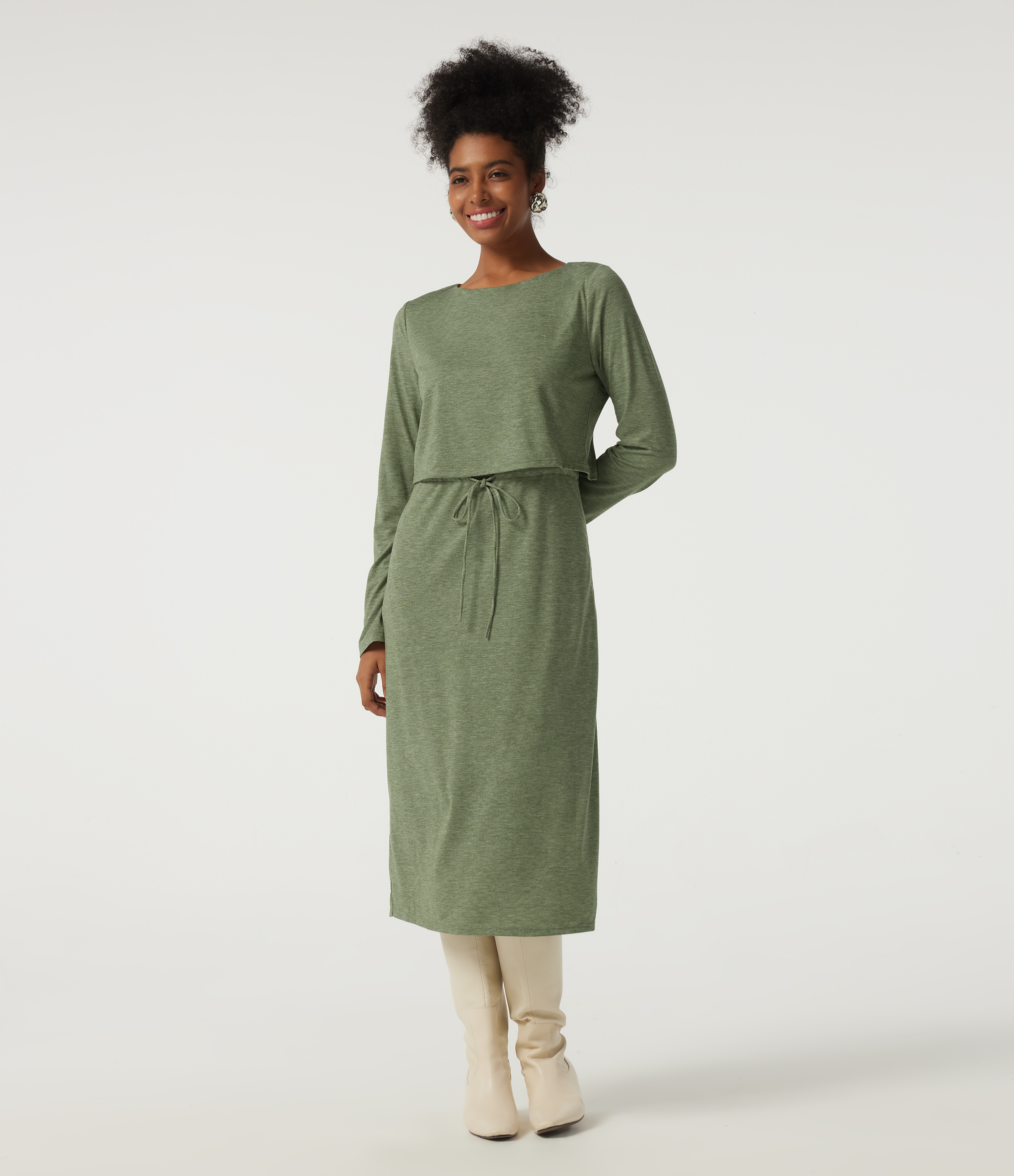 Boat Neck Long Sleeve Drawstring 2-in-1 Casual Midi Dress