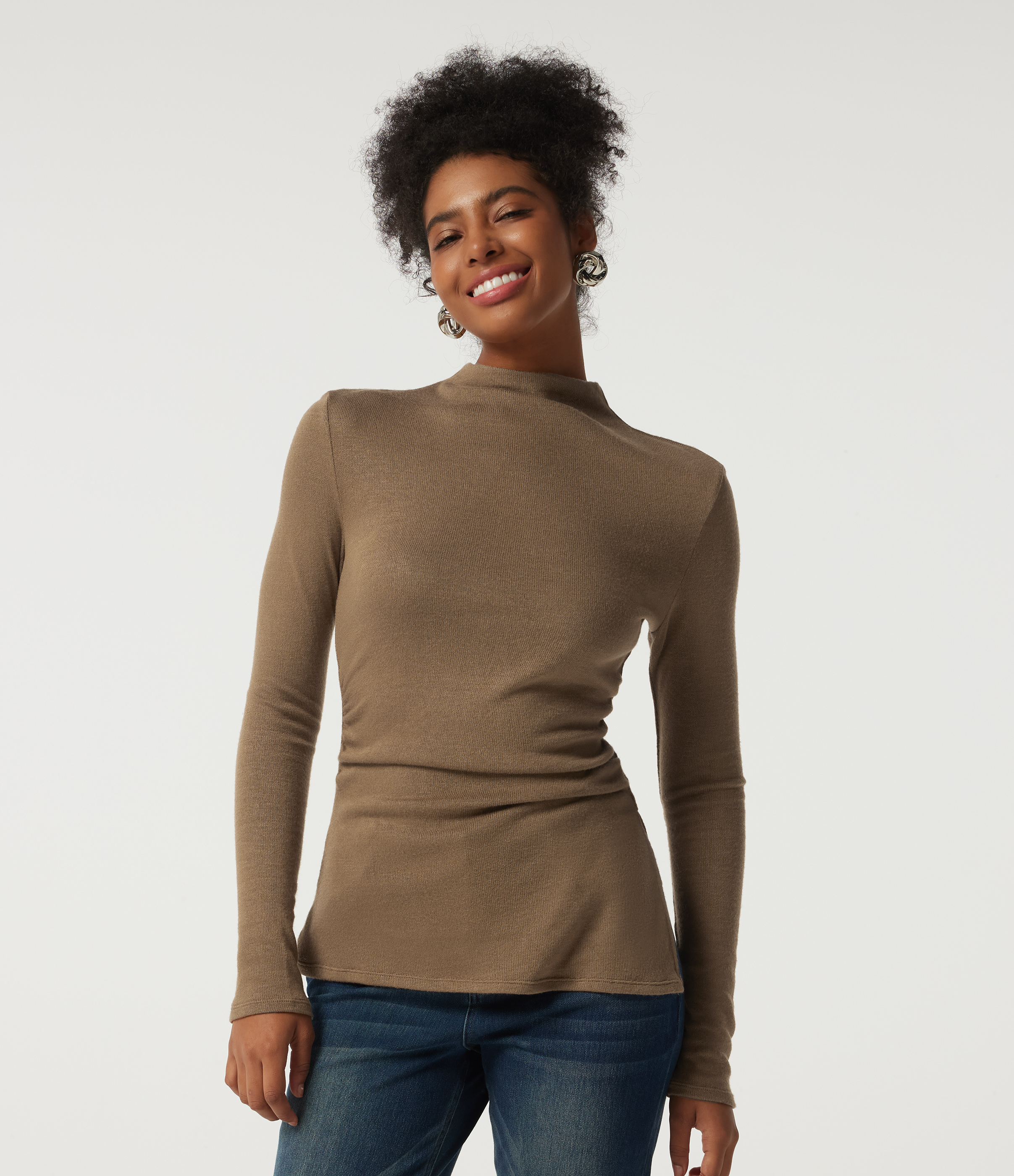 Mock Neck Long Sleeve Split Hem Ruched Casual Top