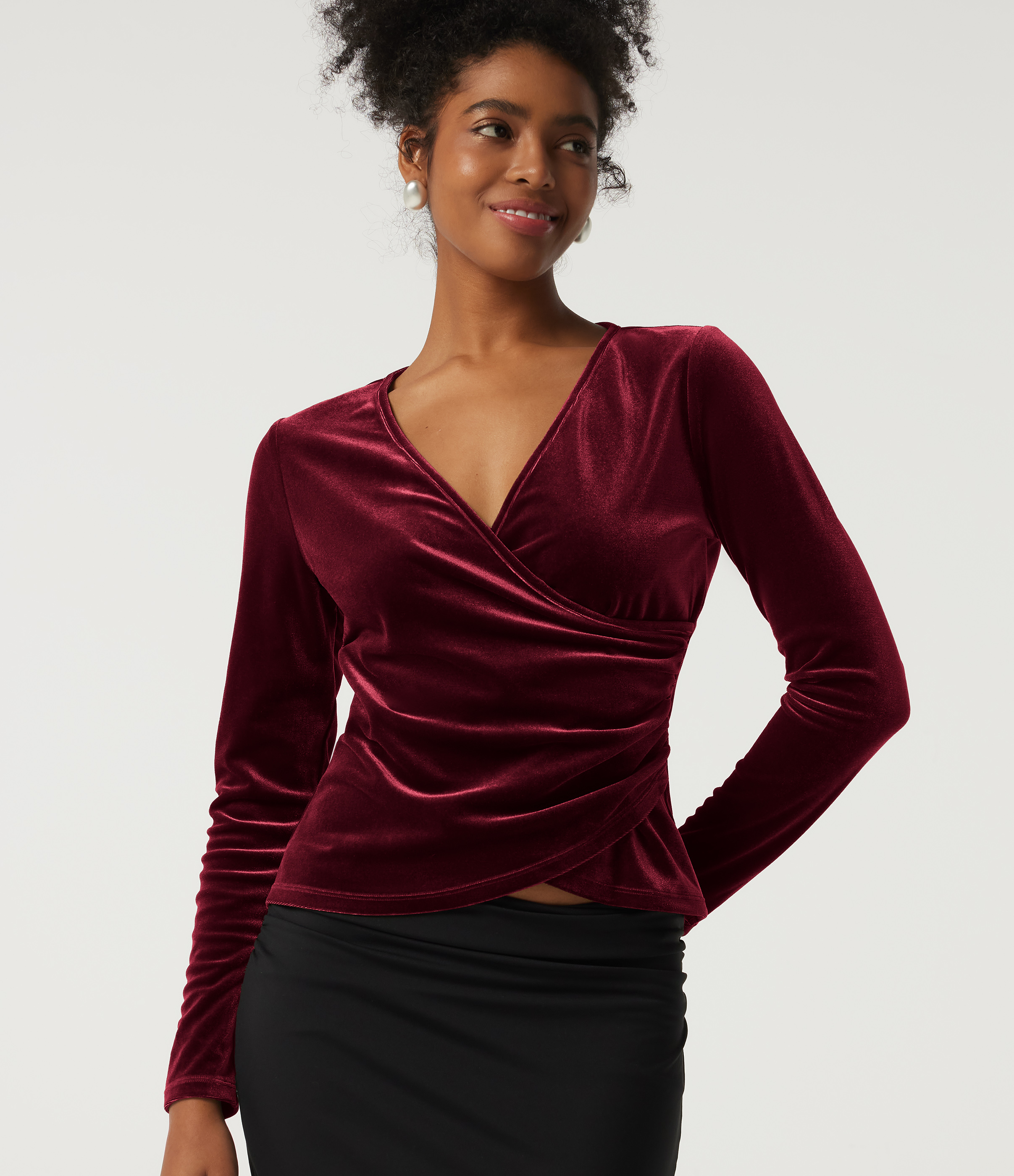 V Neck Long Sleeve Crossover Ruched Velvet Party Top
