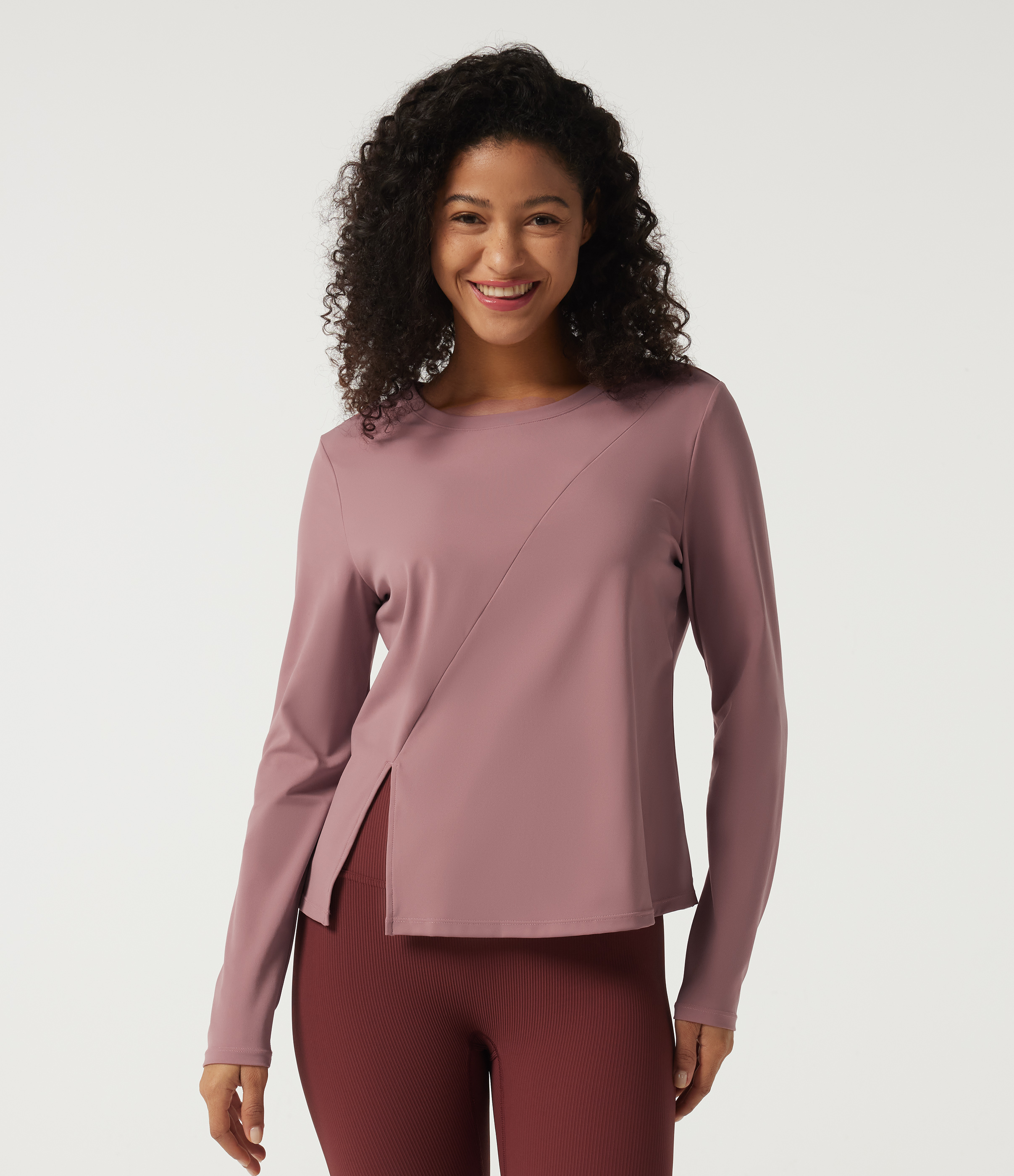 Round Neck Quick Dry Long Sleeve Seam Split Hem Running Sports Top-UPF50+