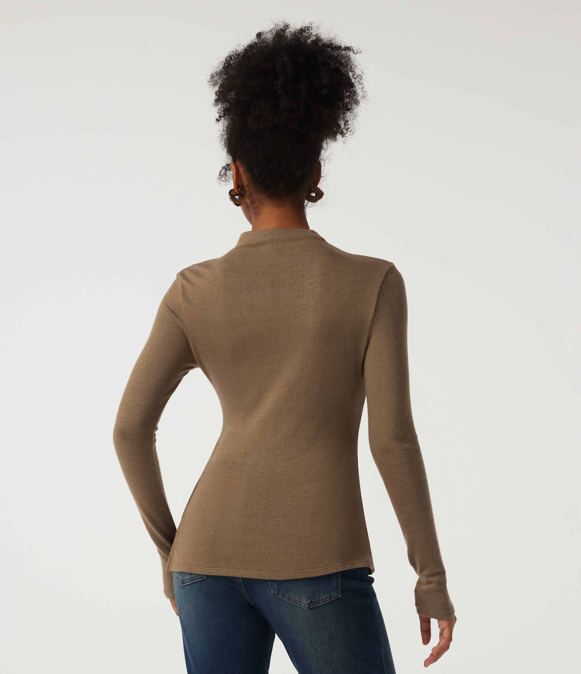 Deep Ochre Mock Neck Long Sleeve Split Hem Ruched Casual Top / 2