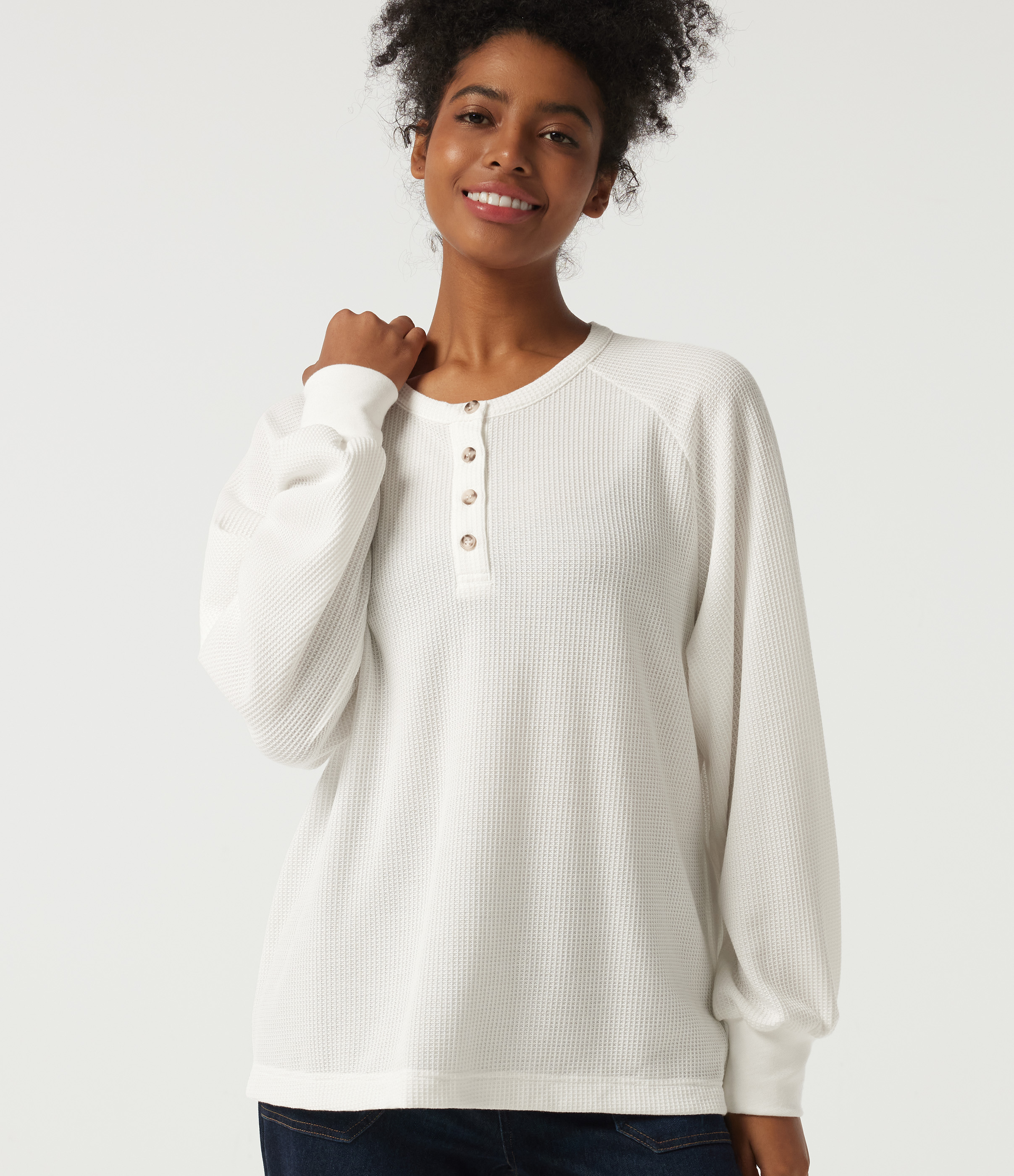 Henley Neck Long Sleeve Waffle Casual Top