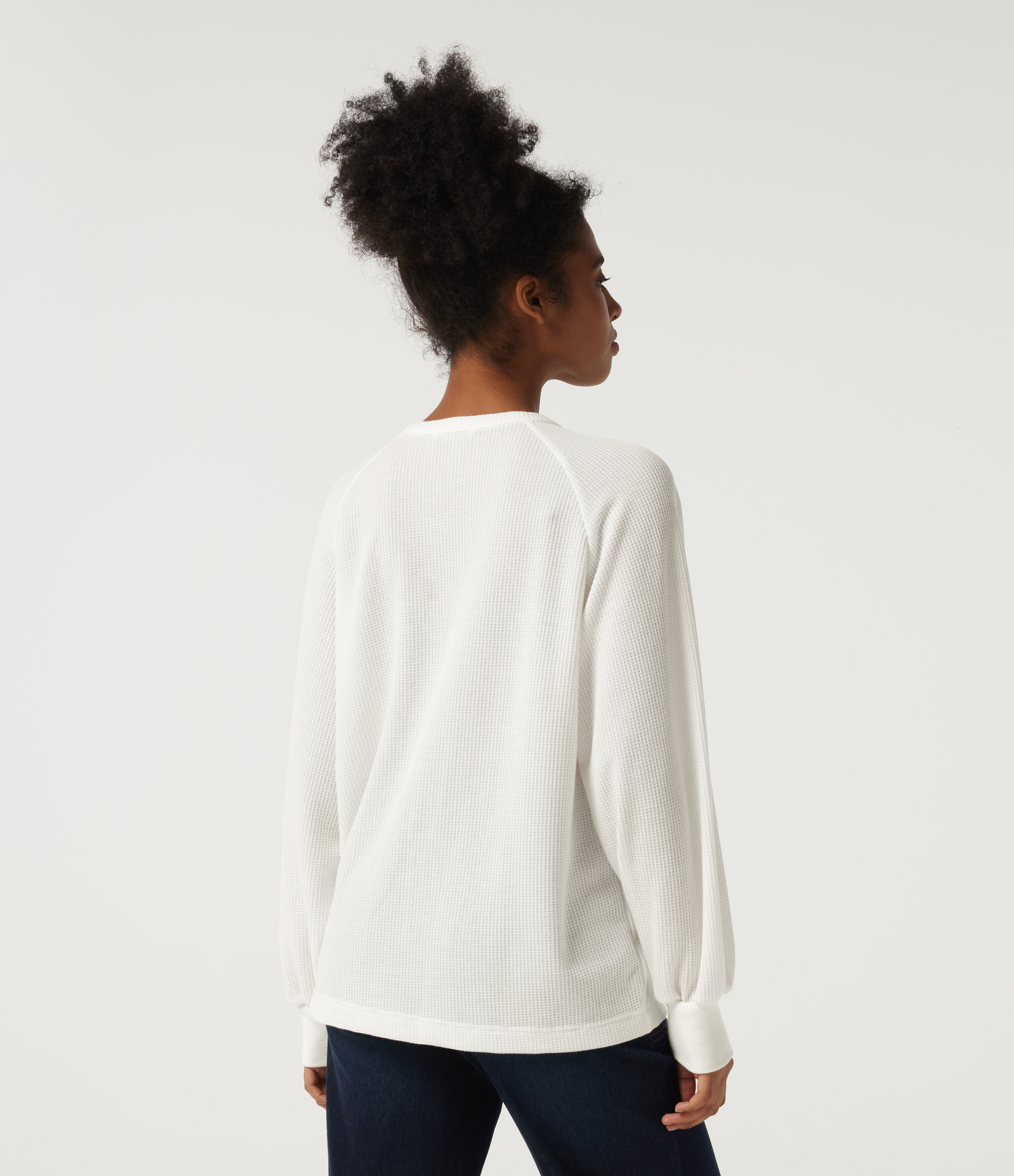 White Henley Neck Long Sleeve Waffle Casual Top / 2