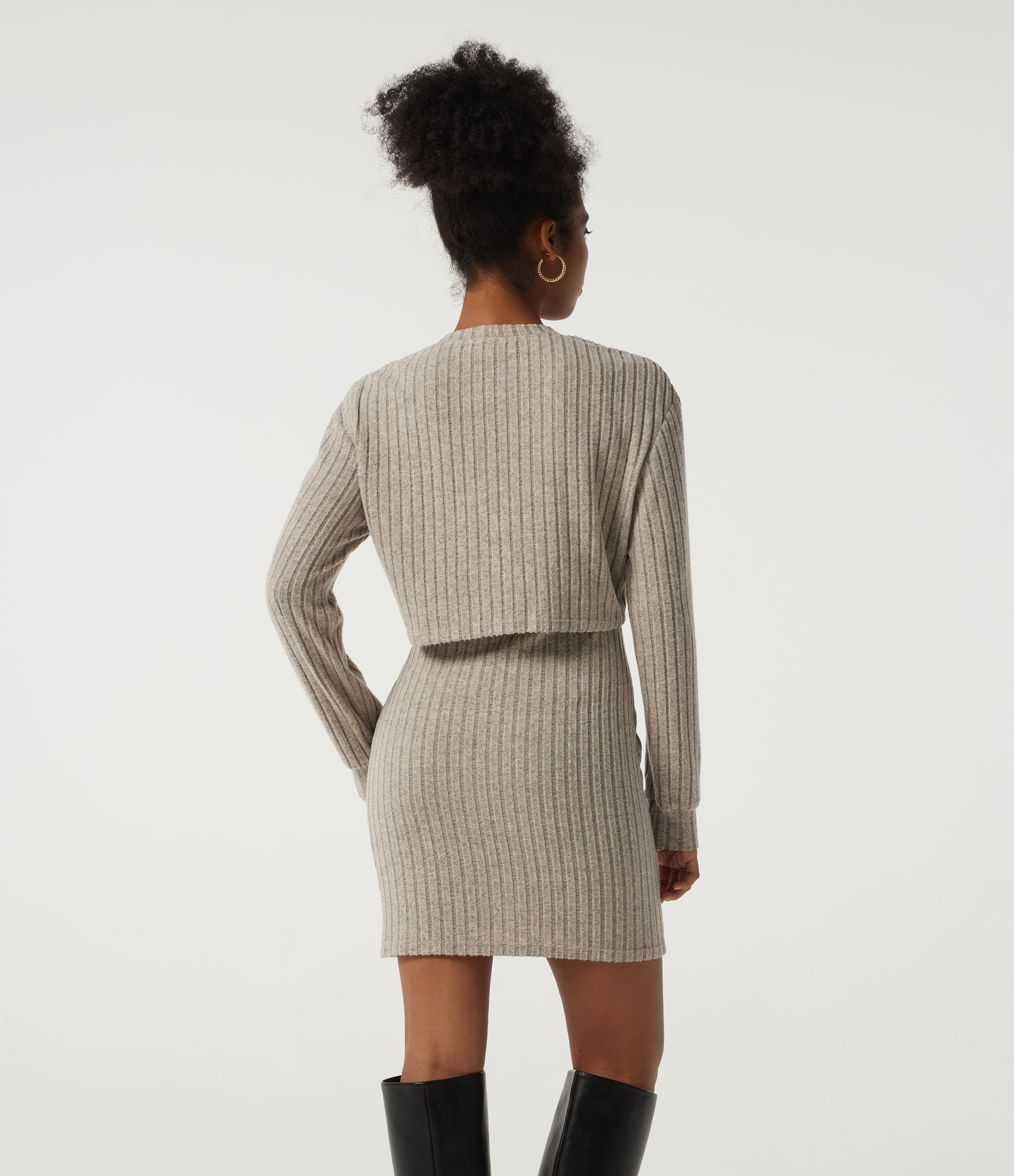 Ridge Sand Khaki Ribbed Knit Round Neck Long Sleeve 2-Piece Bodycon Mini Casual Dress / 2