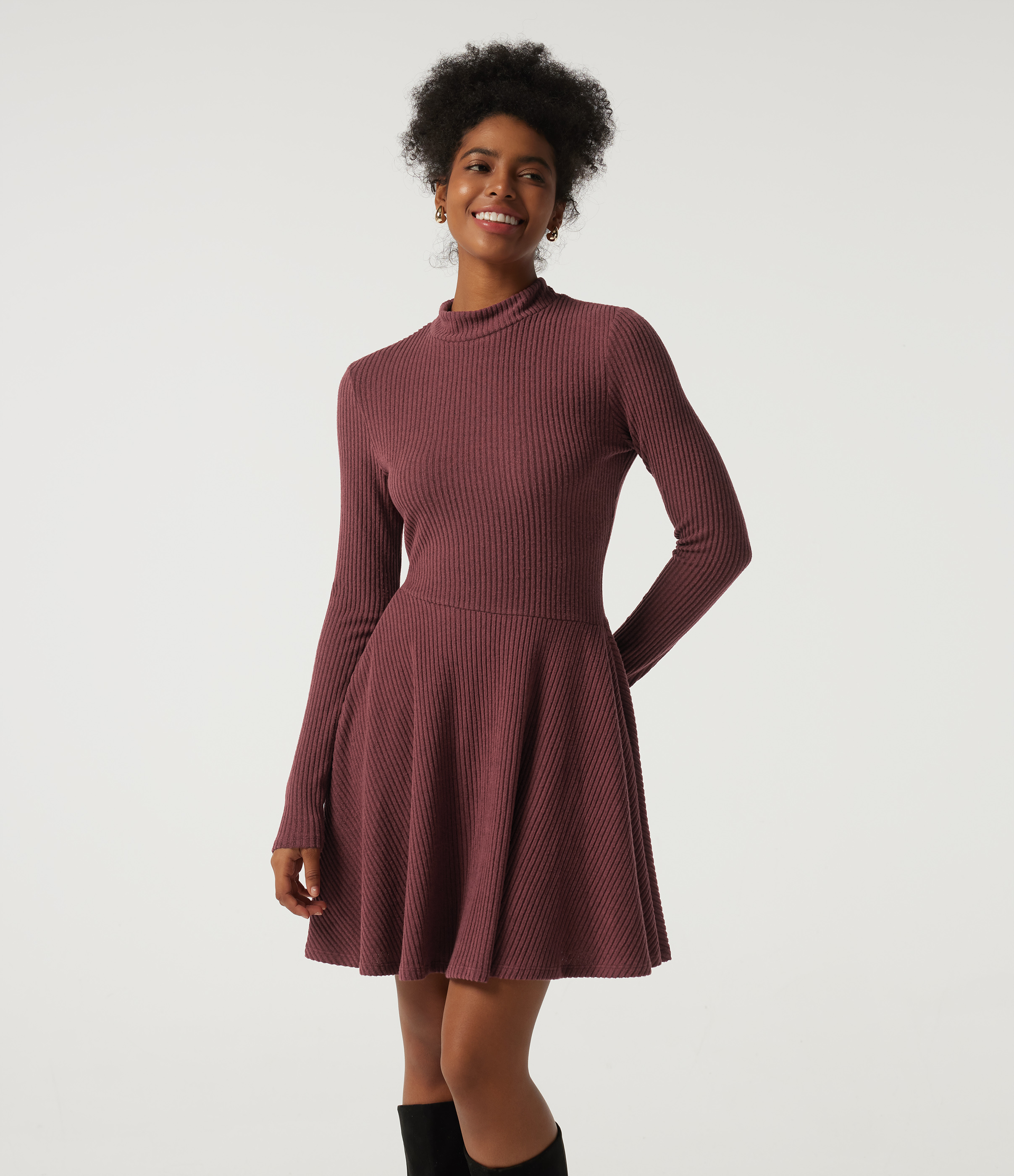 Ribbed Knit Mock Neck Long Sleeve A-Line Casual Mini Dress
