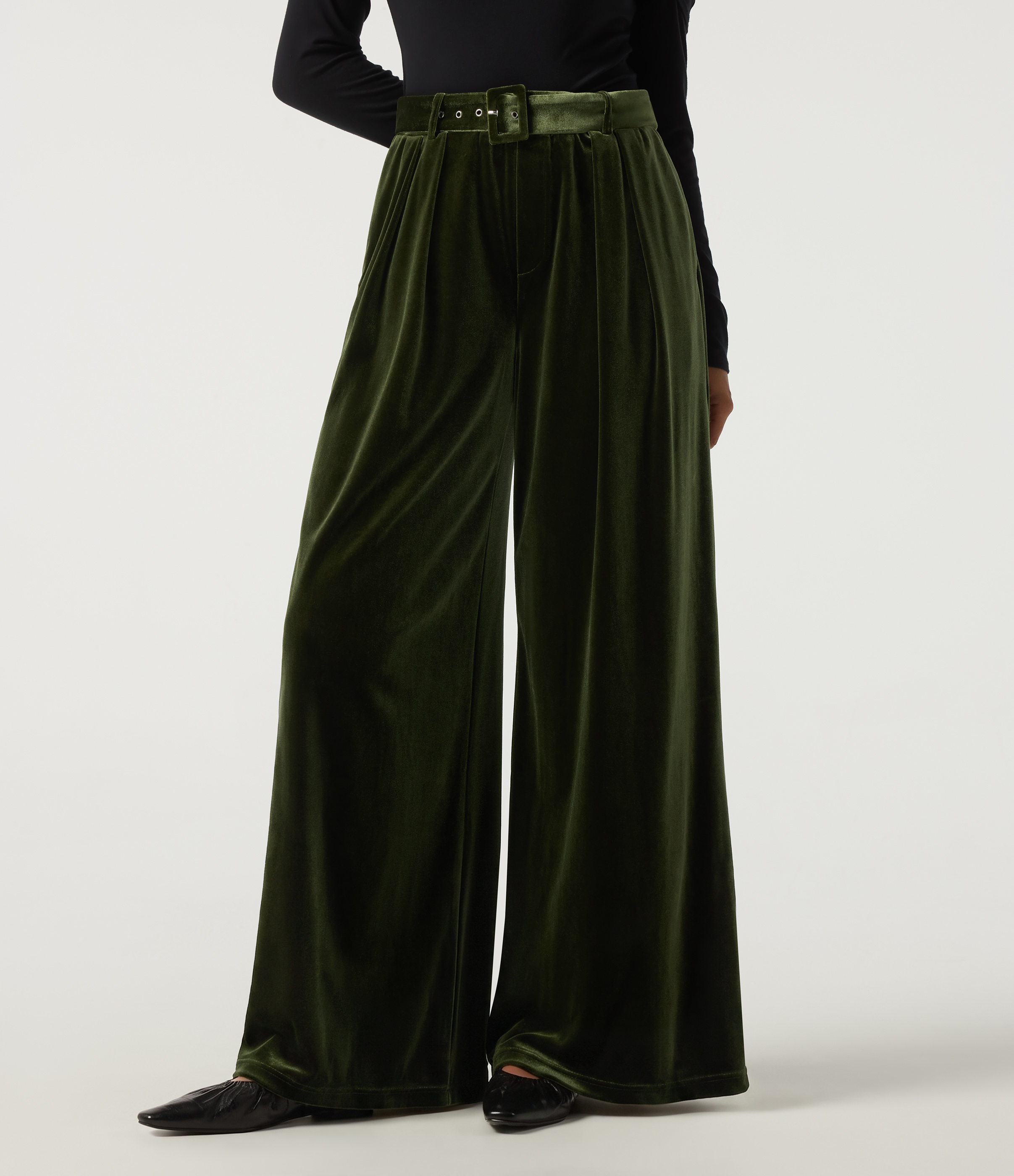 High Waisted Belted Wide Leg Velvet Casual Pants with Pockets