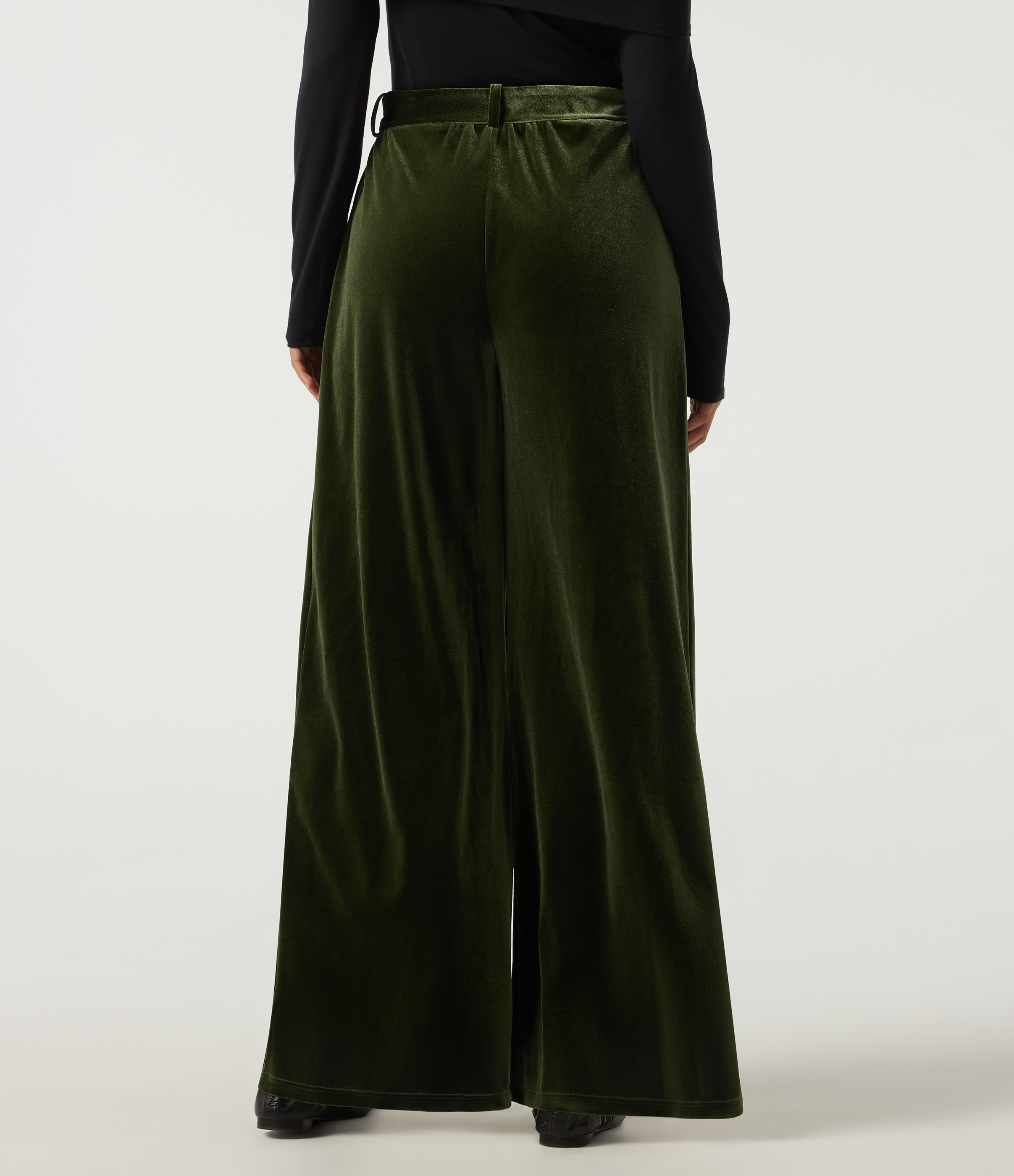 Rifle Green High Waisted Belted Wide Leg Velvet Casual Pants with Pockets / 2