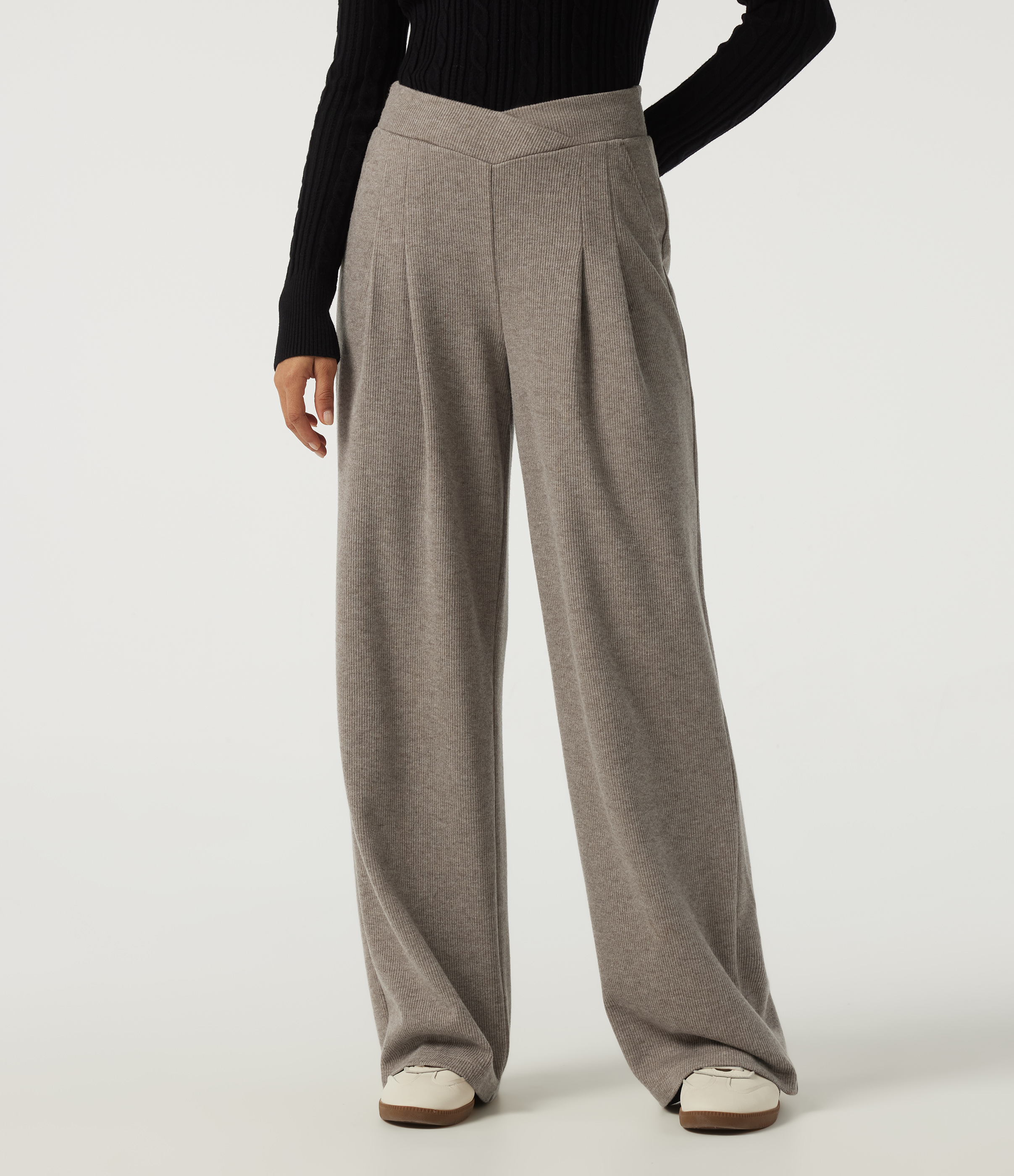 Ribbed High Waisted Crossover Wide Leg Casual Pants with Pockets