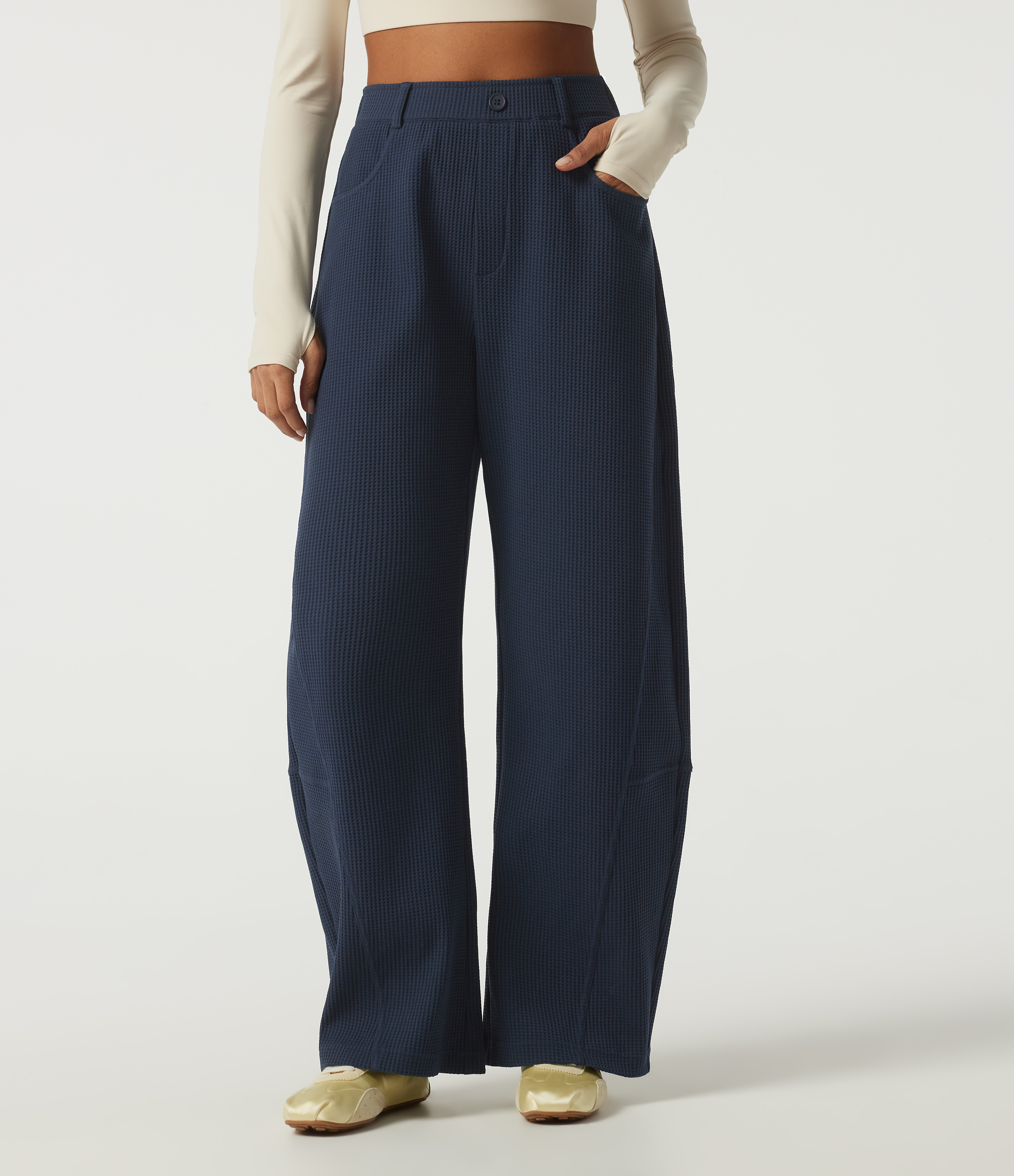 High Waisted Barrel Leg Waffle Casual Pants with Pockets