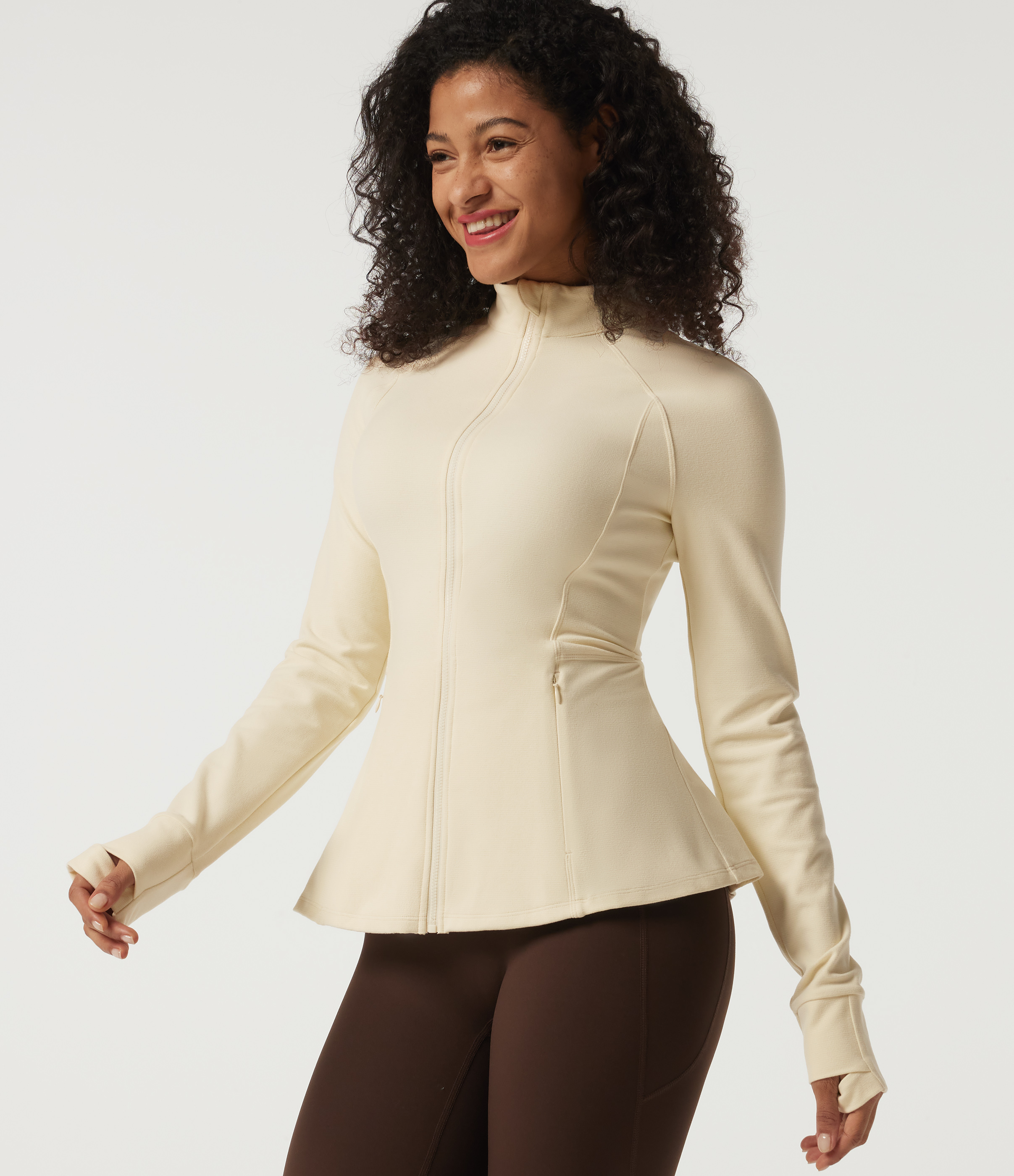 Stand Collar Long Sleeve Yoga Jacket with Pockets and Thumb Holes