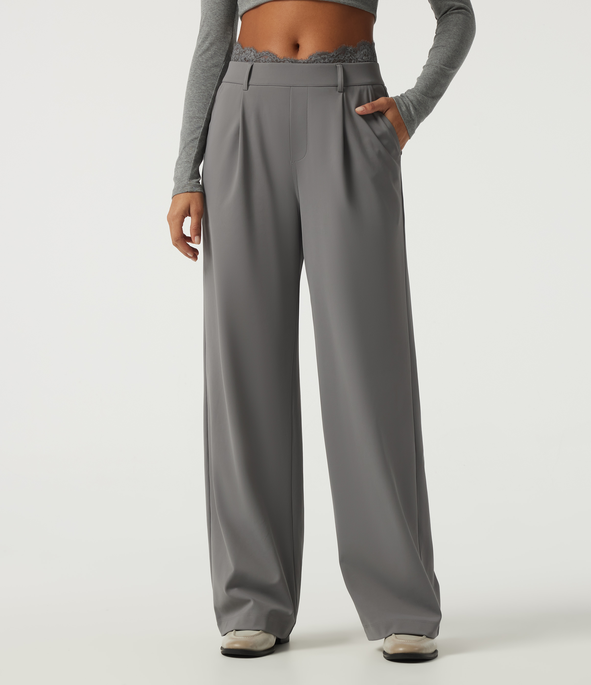 Pantalon de bureau droit Halara Flex™ taille haute avec dentelle contrastée et poches