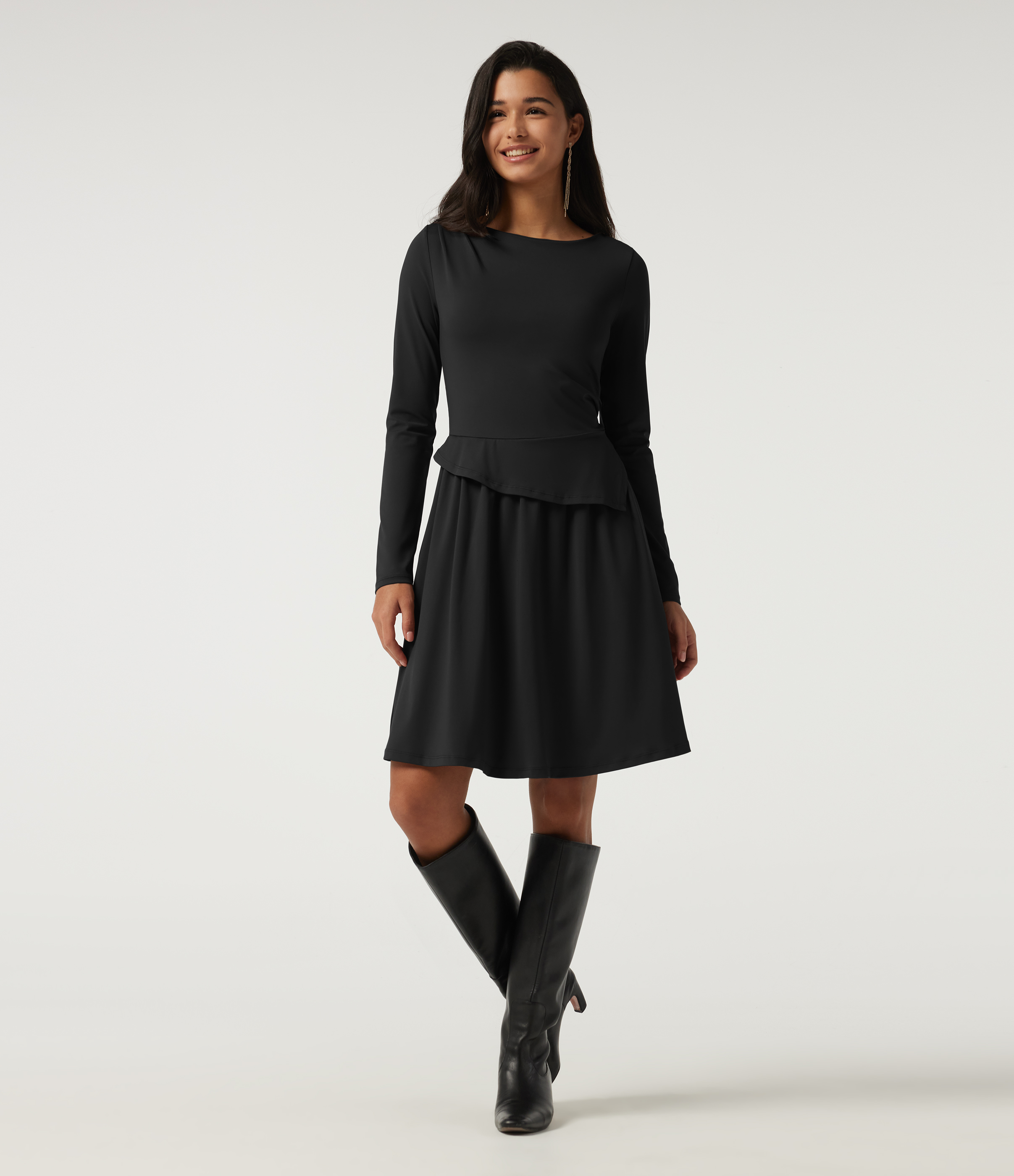 Boat Neck Long Sleeve A-Line Asymmetric Party Mini Dress with Pockets
