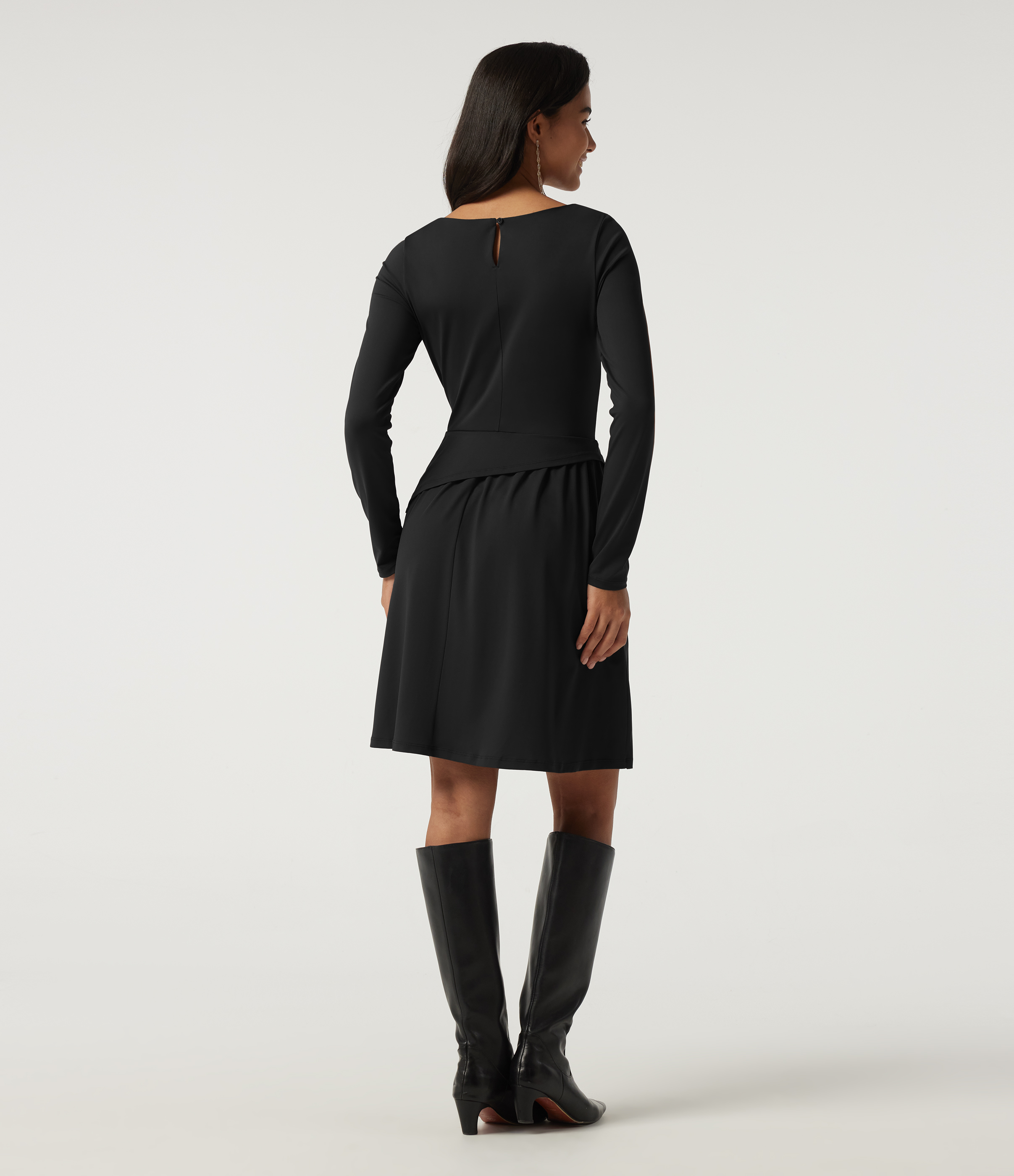 Black Boat Neck Long Sleeve A-Line Asymmetric Party Mini Dress with Pockets / 2