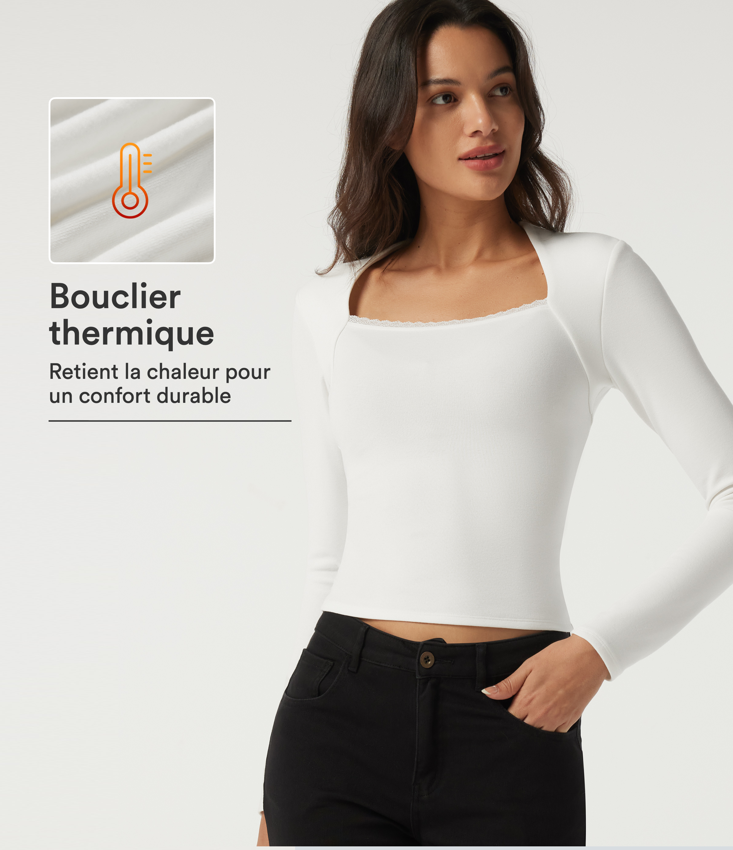 Top thermique à col Queen Anne manches longues avec dentelle contrastante