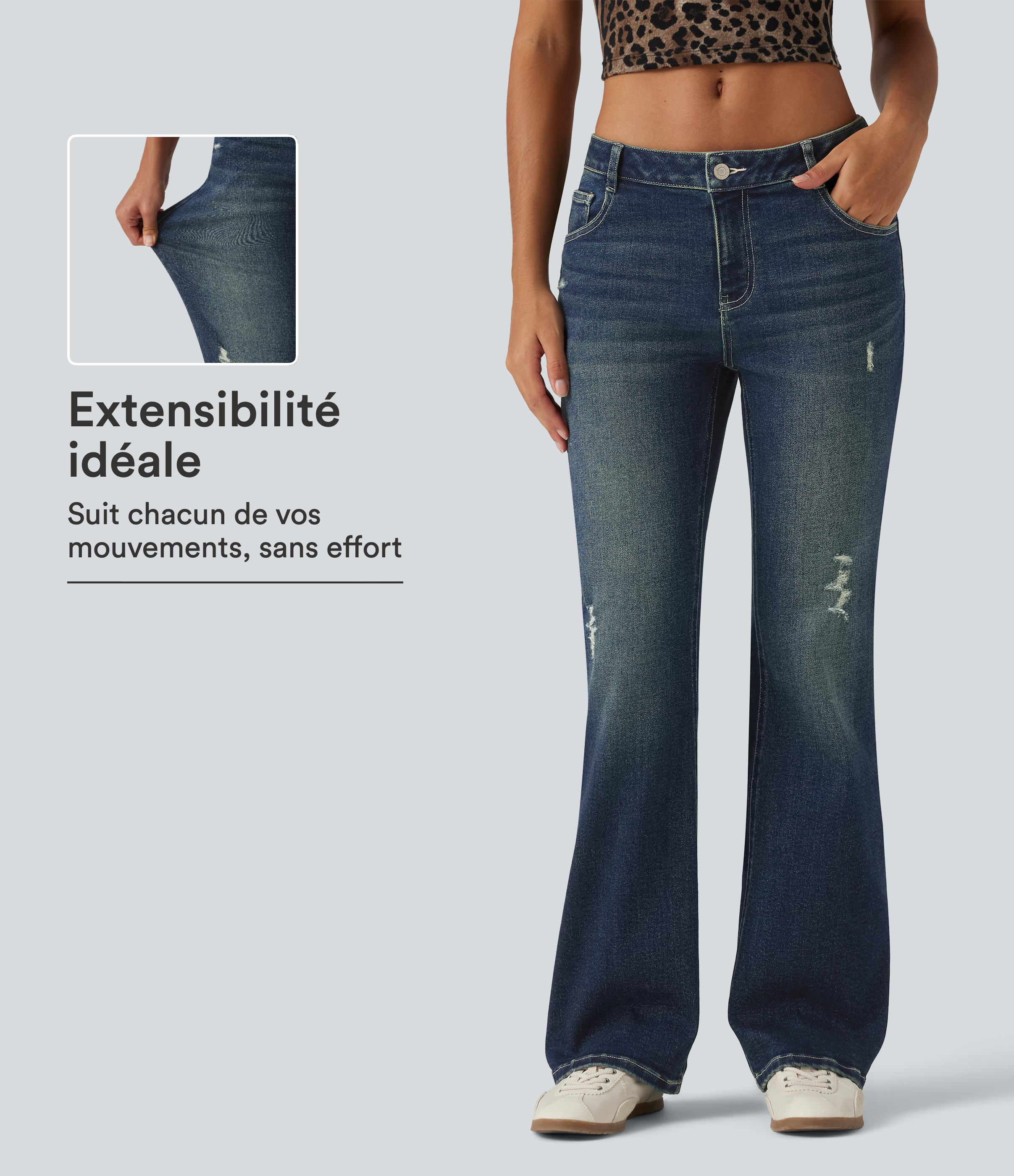 Blue Surf Denim Jean bootcut taille basse en coton avec poches / 1