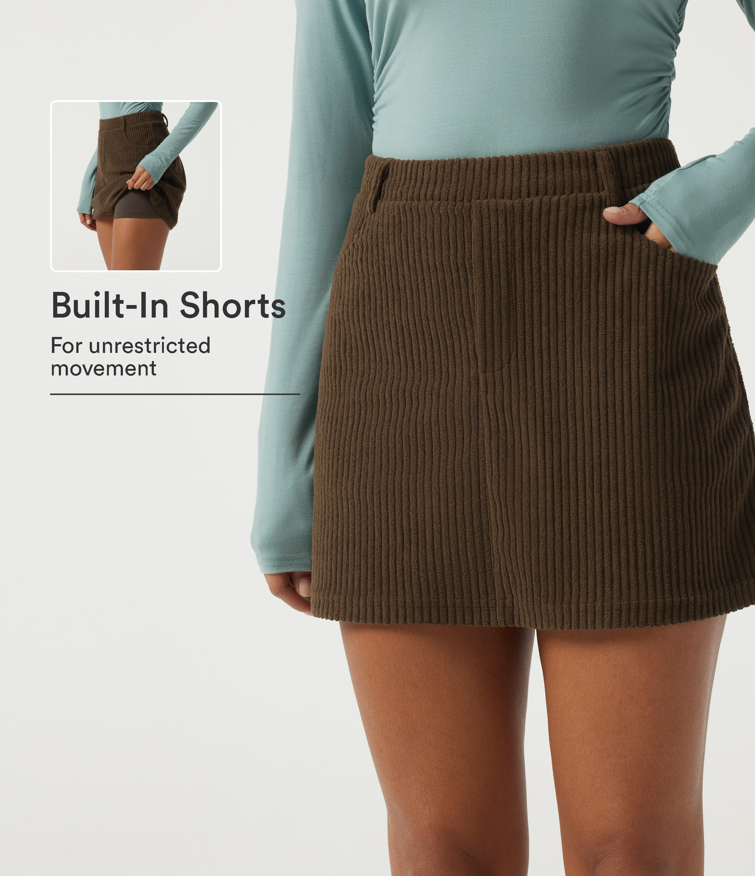 High Waisted A-Line Corduroy Casual Mini Skirt with Built-in Shorts and Pockets